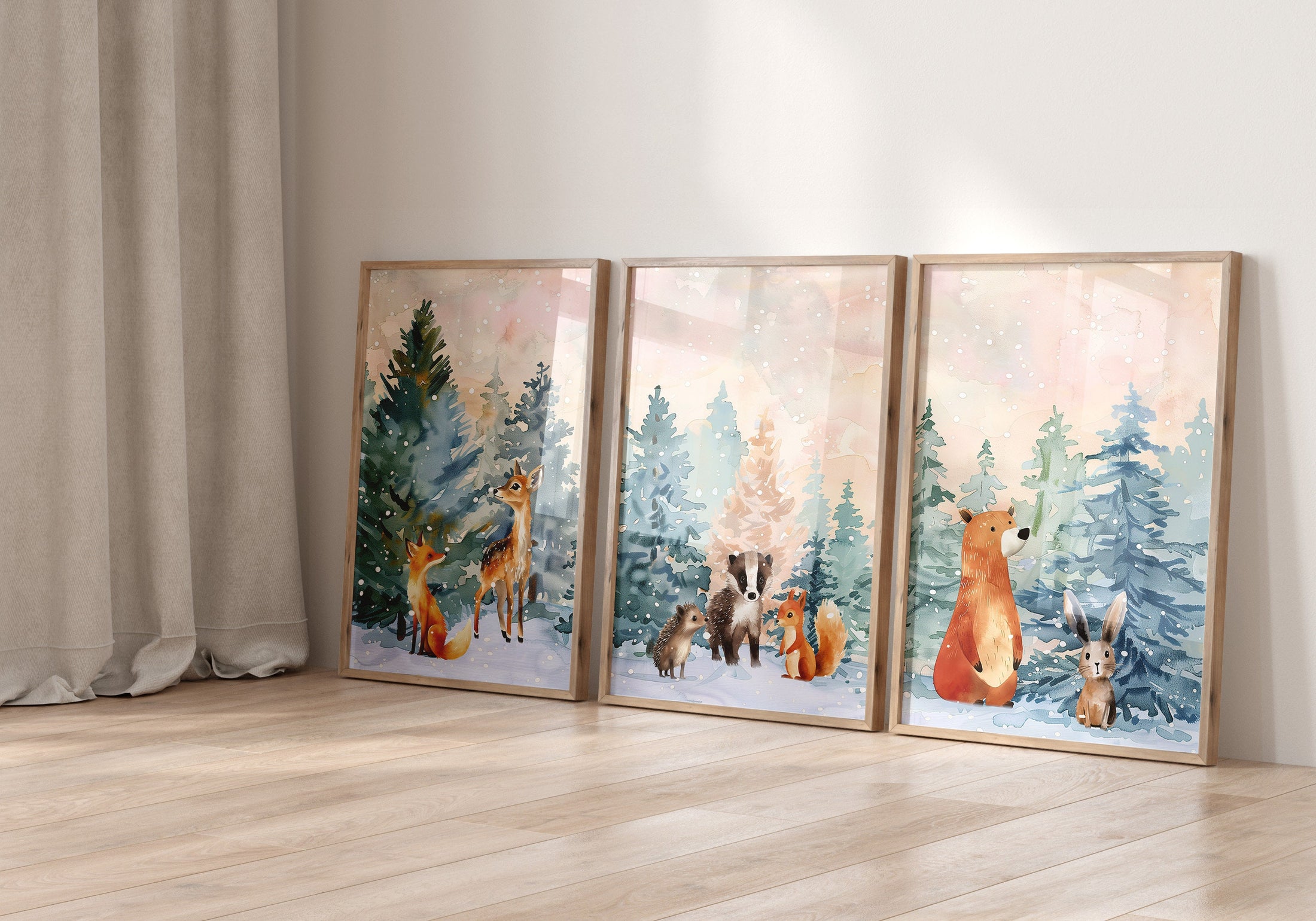 Set of 3 Woodland Animal Nursery Prints, Gender Neutral Kids Bedroom Decor, Unisex Forest Playroom Posters,Boho Scandi Wall Art Pictures