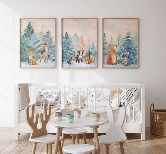 set of 3 neutral featuring woodland animals including, a deer, bear, fox, rabbit, squirrel, badger and hedgehog in a snowy forest.