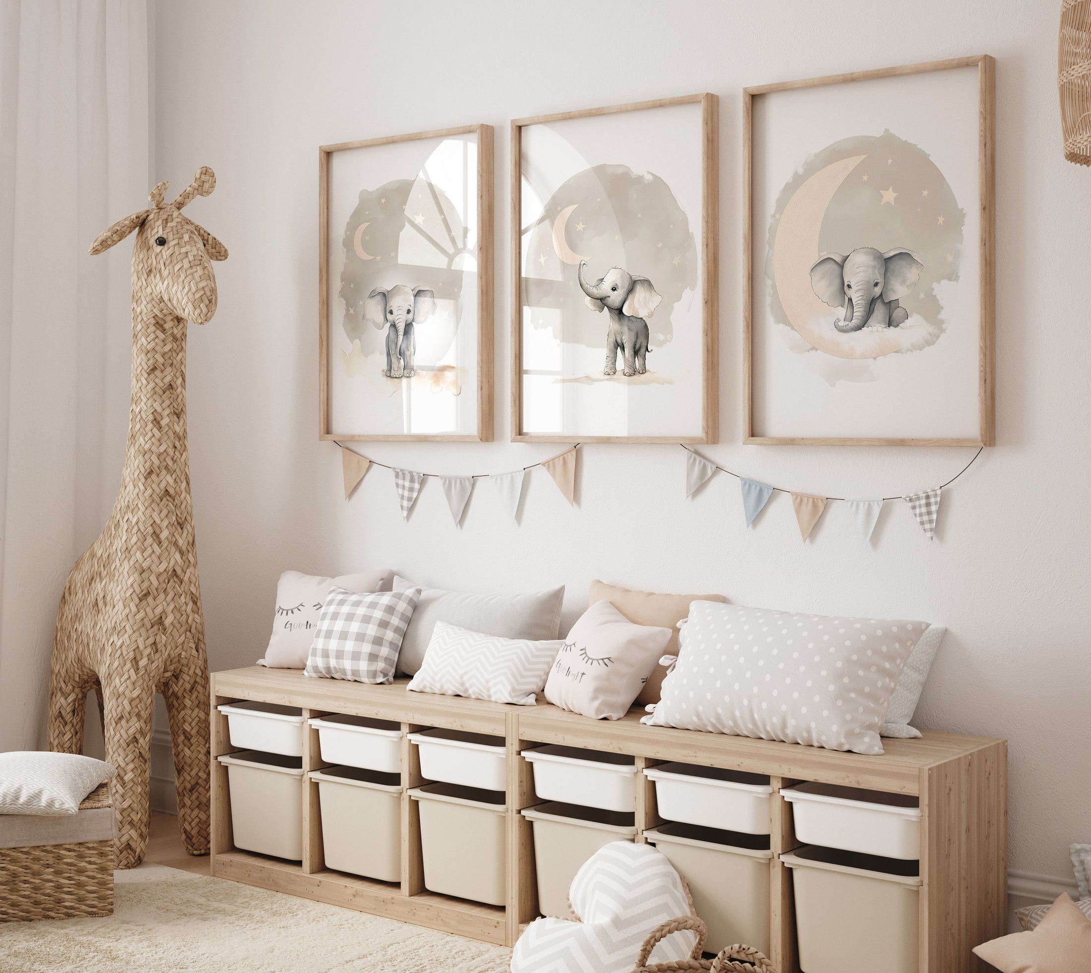 Beige Elephant Nursery Prints, Set Of 3 Nursery Wall Art for Baby Boys Bedroom, Boho Girls Nursery, Playroom Decor, Gender Neutral Nursery
