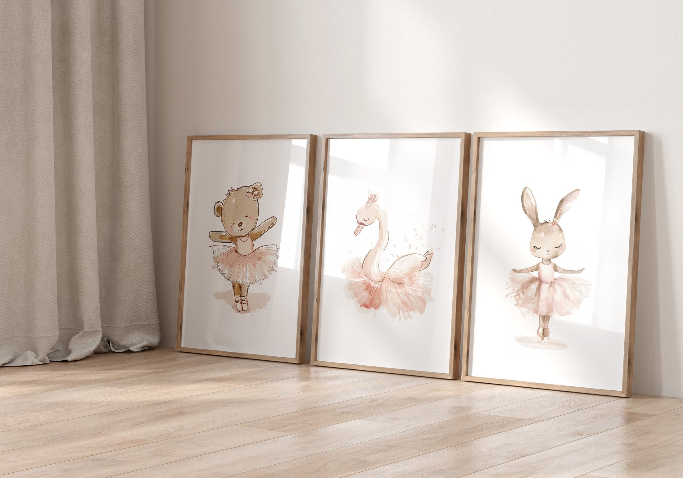 Set of 3 Girls Ballet Nursery Prints, Bunny, Swan and Teddy in Pink Tutus for little Girls Bedroom, Playroom or Nursery, Neutral Decor