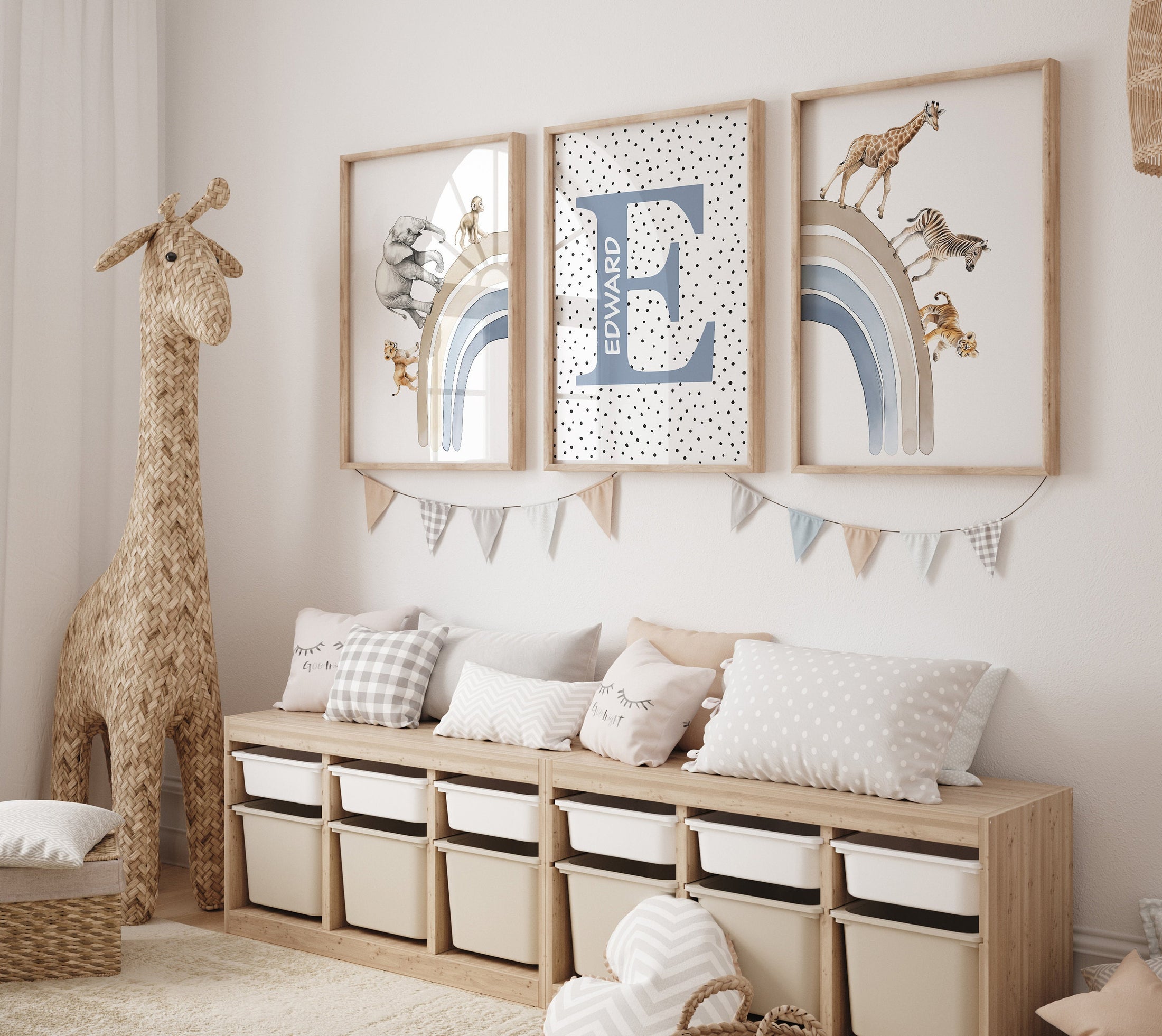 Personalised Name Safari Animal Prints, Boho Rainbow Nursery Wall Art, Set Of 3 Custom Initial Pictures, Polka Dot Wall Art for Kids Room