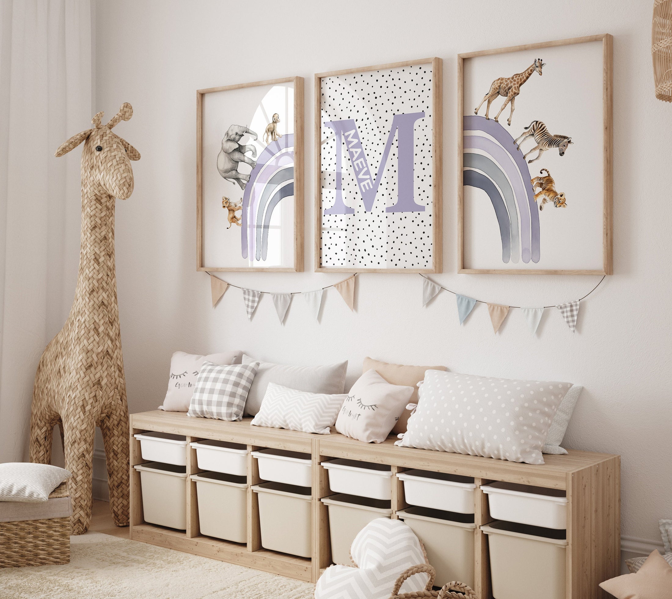 Personalised Name Safari Animal Prints, Boho Rainbow Nursery Wall Art, Set Of 3 Custom Initial Pictures, Polka Dot Wall Art for Kids Room
