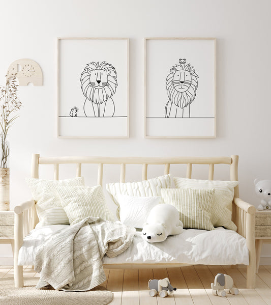 Set of 2 Line Art Prints for Babies Nursery, Bedroom or Playroom, Lion and Mouse Kids Room Wall Art, Black and White Gender Neutral Decor