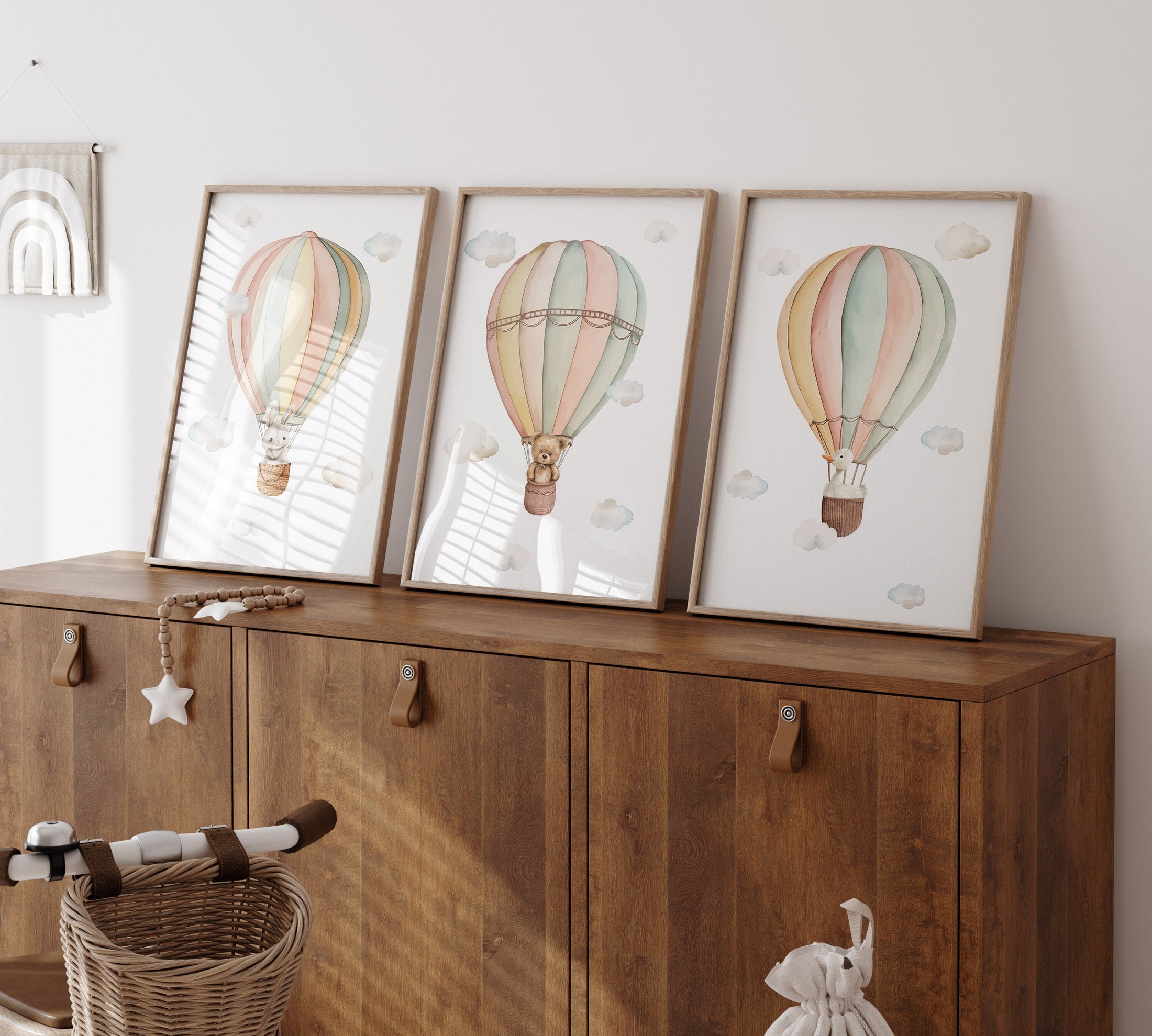 Set of 3 Hot Air Balloon Prints for Nursery, Bedroom,Playroom - Gender Neutral Decor for Babies Room - Pastel Colours - Bunny, Goose, Bear