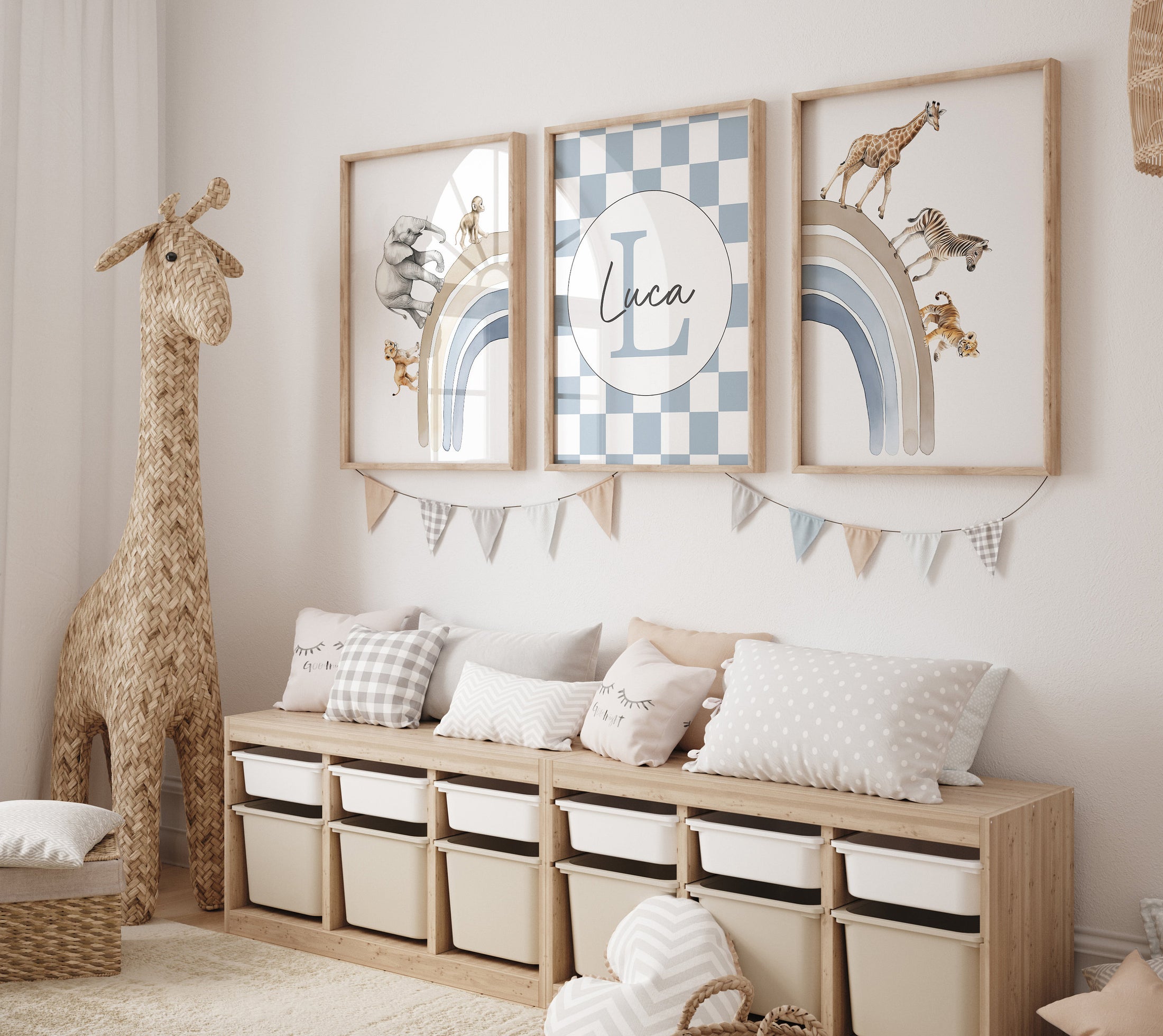 Personalised Name Safari Animal Prints, Boho Rainbow Nursery Wall Art, Set Of 3 Customised Pictures, Checkerboard Wall Art for Kids Room