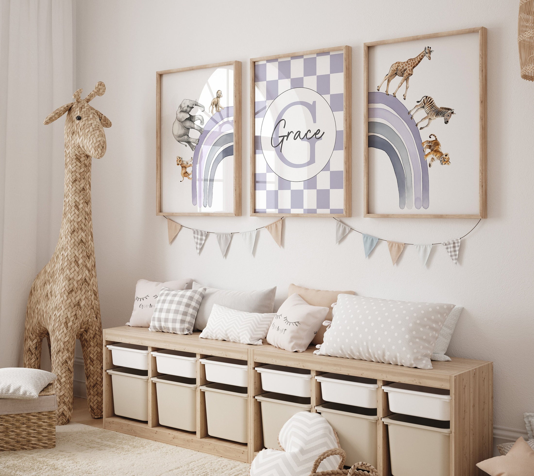 Personalised Name Safari Animal Prints, Boho Rainbow Nursery Wall Art, Set Of 3 Customised Pictures, Checkerboard Wall Art for Kids Room