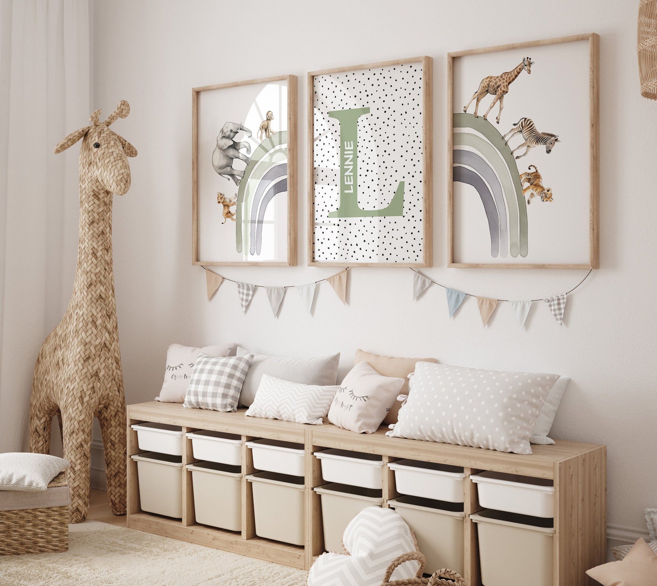 Personalised Name Safari Animal Prints, Boho Rainbow Nursery Wall Art, Set Of 3 Custom Initial Pictures, Polka Dot Wall Art for Kids Room