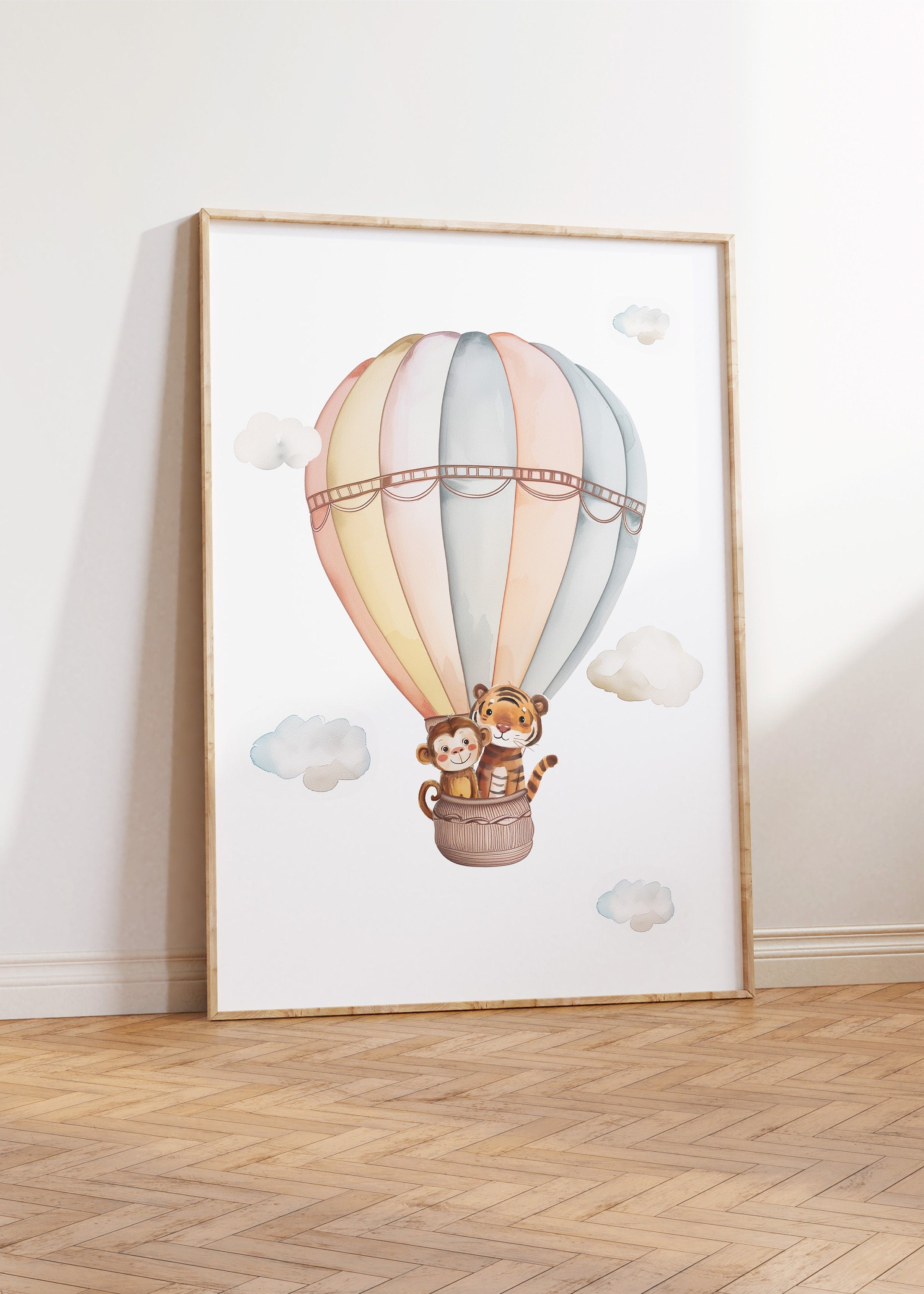 Personalised Set of 3 Safari Animal Prints for Nursery, Bedroom or Playroom, Gender Neutral Baby's Room, Hot Air Balloon, Boat & Rainbow