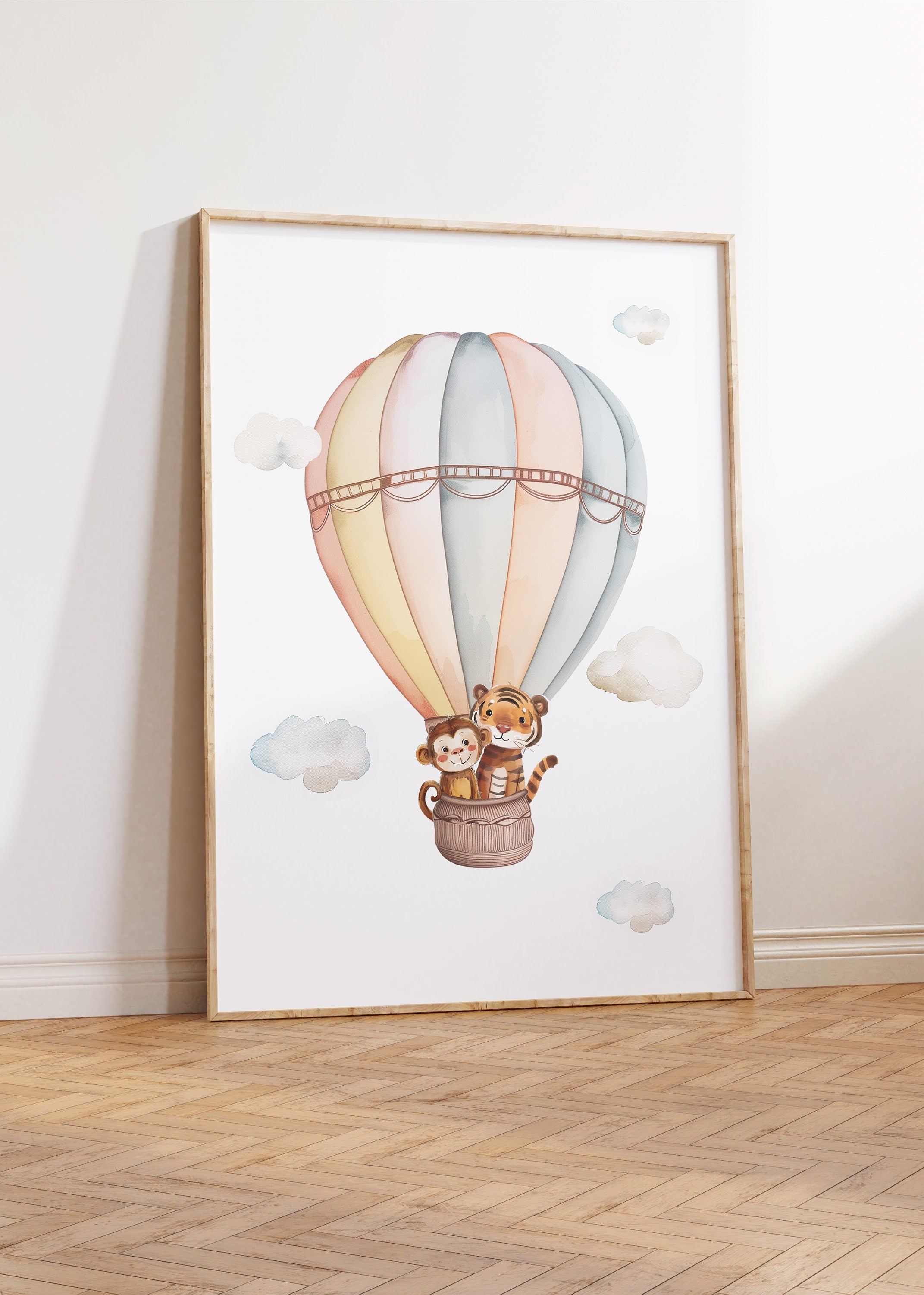 Personalised Set of 3 Safari Animal Prints for Nursery, Kids Bedroom or Playroom - Custom Initial for Baby's Room - Hot Air Balloon, Boat