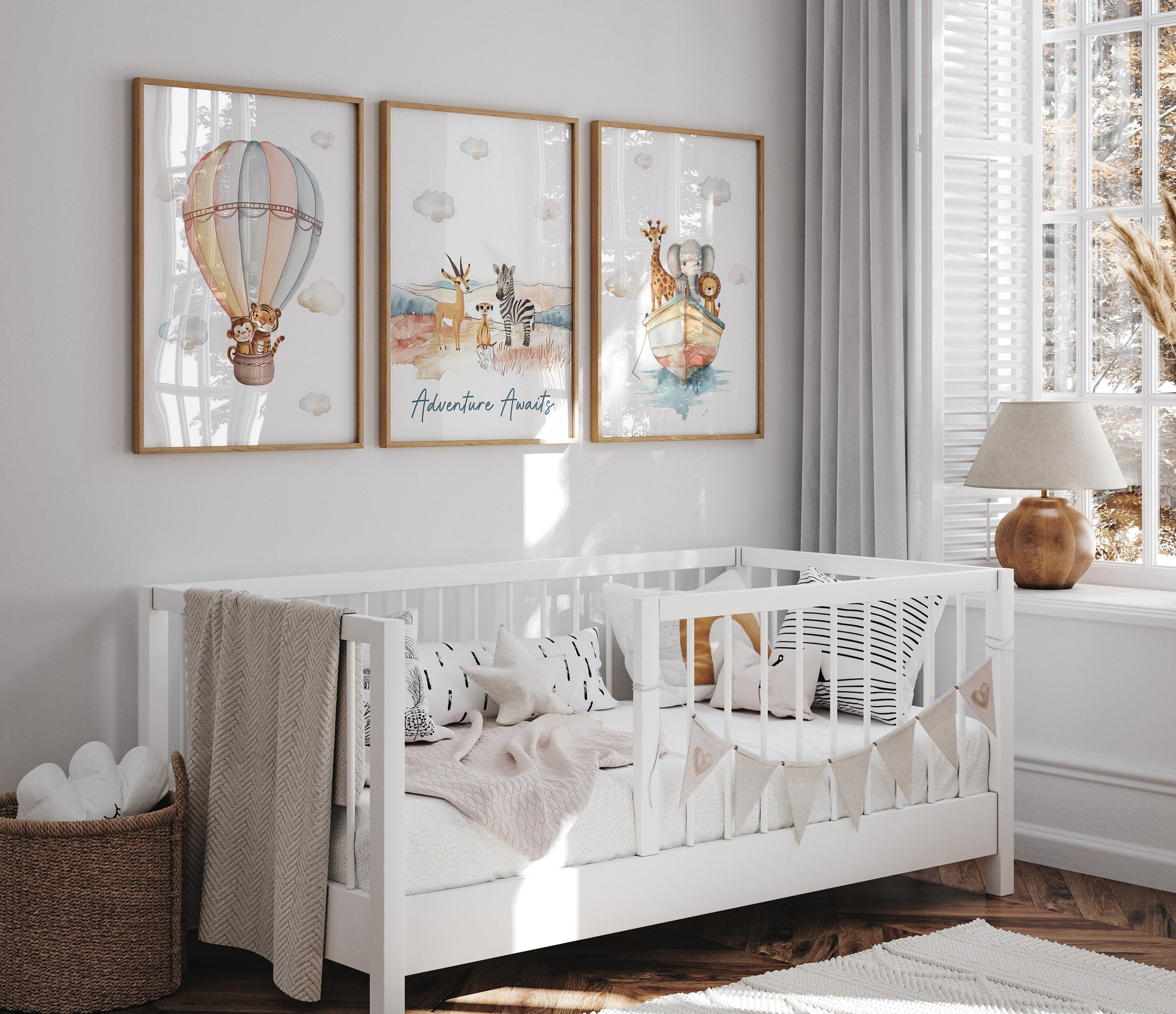 Set of 3 Safari Animal Prints for Nursery, Kids Bedroom or Playroom - Gender Neutral Decor for Babies Room - Hot Air Balloon, Animal Ark