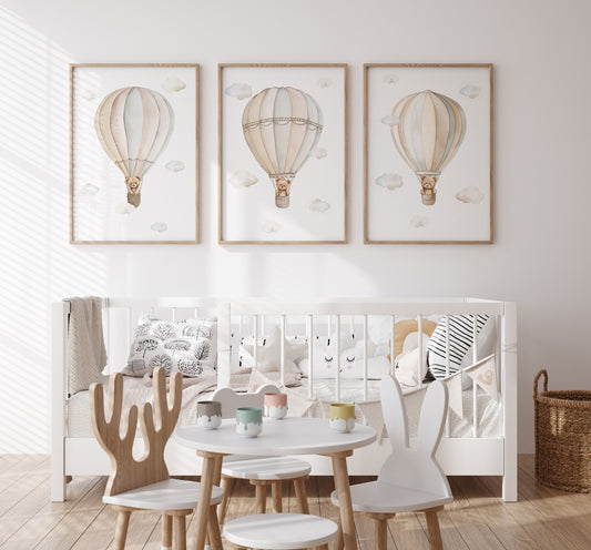 Set of 3 Teddy Bear Hot Air Balloon Prints for Nursery, Kids Bedroom or Playroom - Gender Neutral Decor for Babies Room - Beige Toddler Art