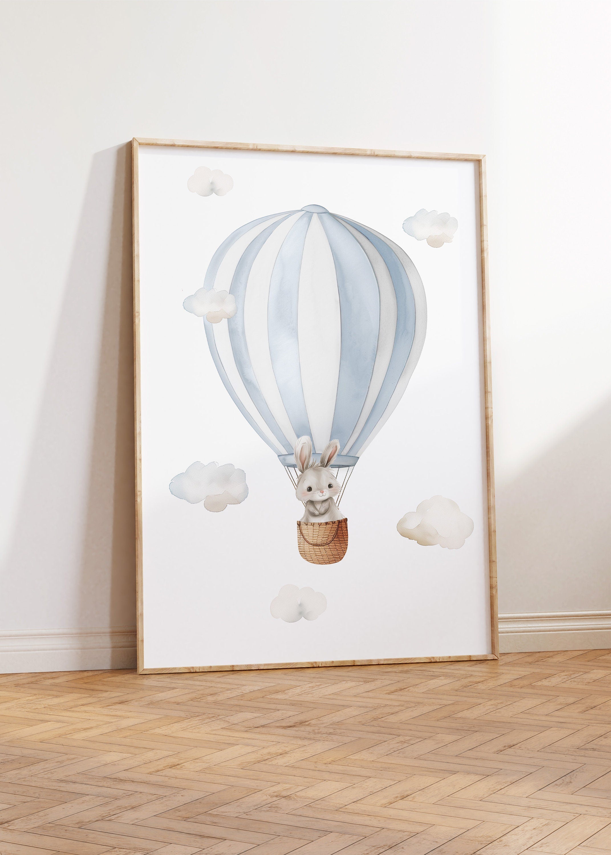 Set of 3 Hot Air Balloon Prints for Nursery, Bedroom, Playroom - Blue & White Decor for Baby Boys Room - Neutral Decor - Bunny, Goose, Bear