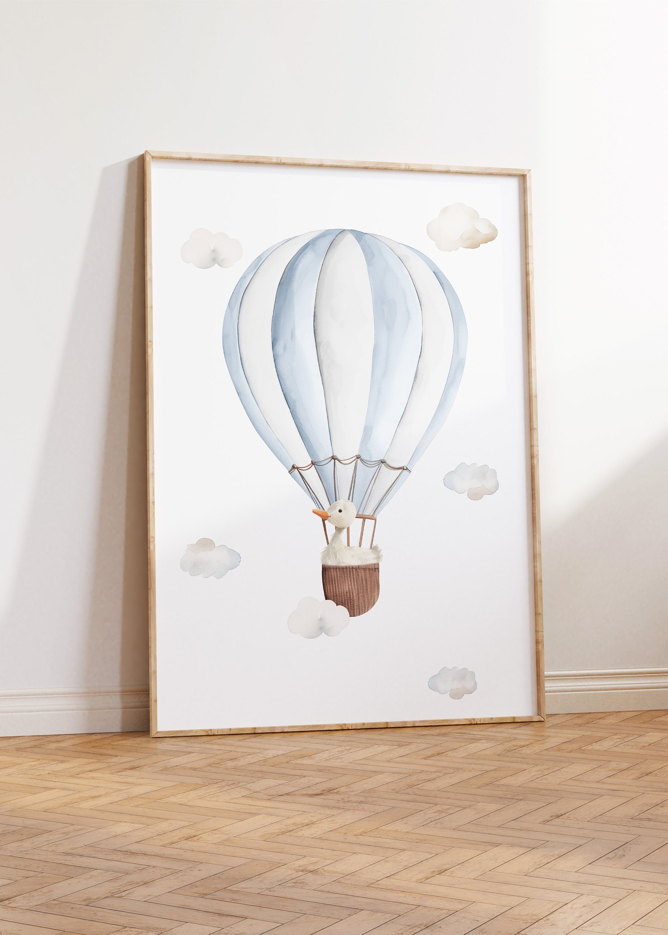 Set of 3 Hot Air Balloon Prints for Nursery, Bedroom, Playroom - Blue & White Decor for Baby Boys Room - Neutral Decor - Bunny, Goose, Bear