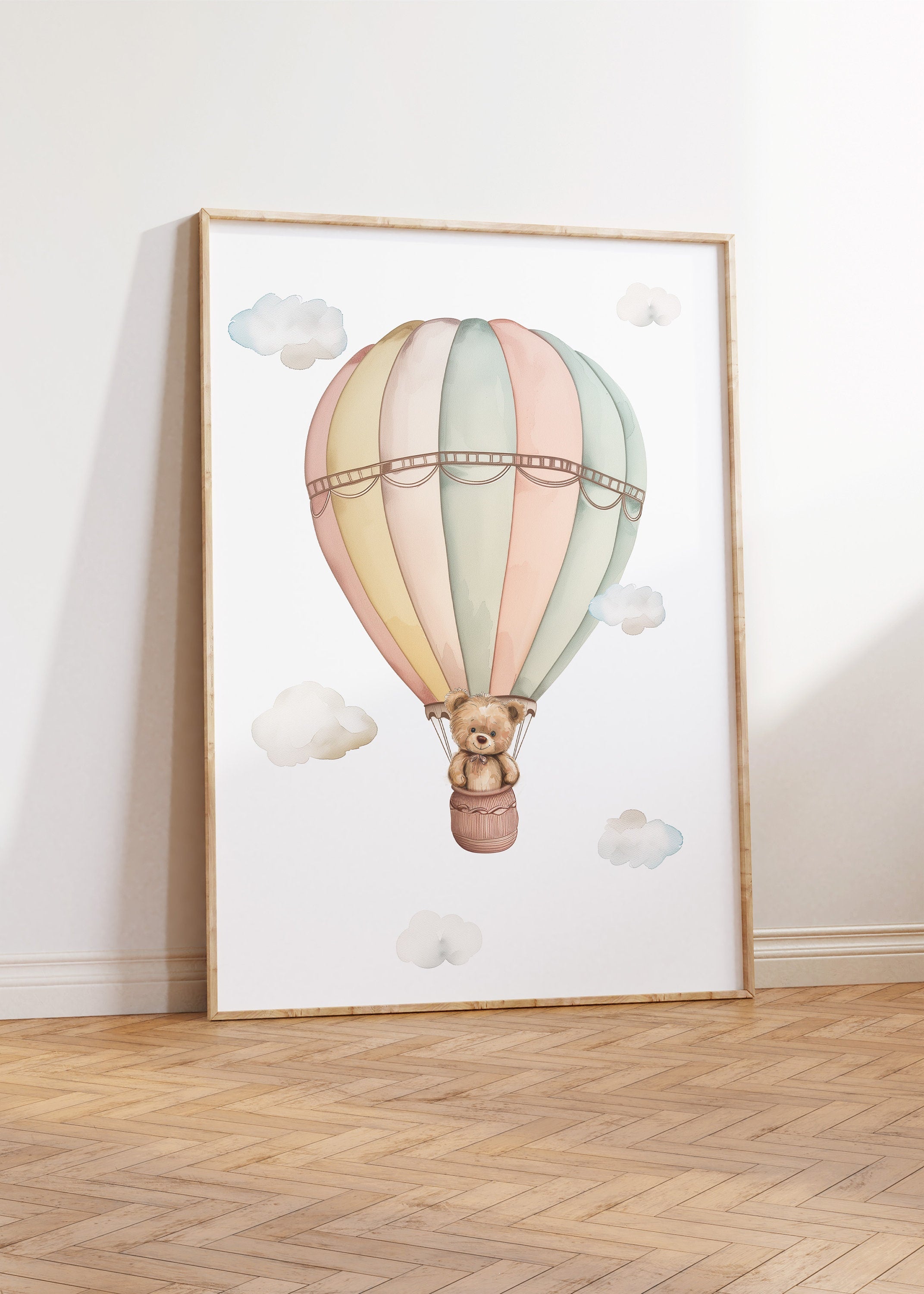 Set of 3 Hot Air Balloon Prints for Nursery, Bedroom,Playroom - Gender Neutral Decor for Babies Room - Pastel Colours - Bunny, Goose, Bear