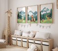 Load image into Gallery viewer, Set Of 3 Mountain & Woodland Animal Nursery Prints, Green Forest Bedroom Decor, Unisex Adventure Outdoor Playroom Posters, Toddler Room Art
