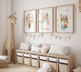 Load image into Gallery viewer, personalised prints featuring muted pastel colours, safari animals in a hot air balloon, boat and rainbow
