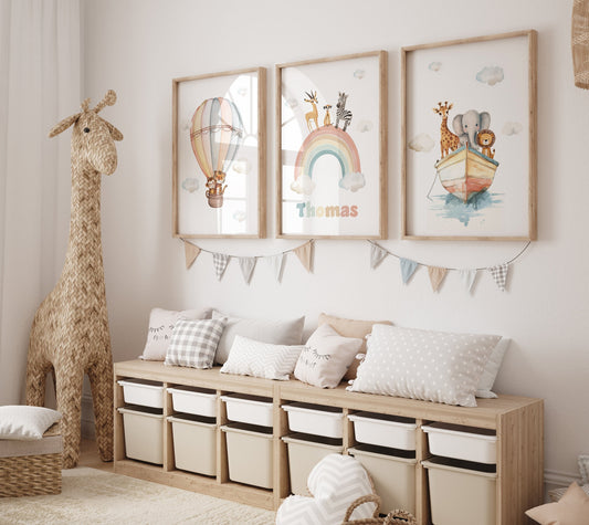 personalised prints featuring muted pastel colours, safari animals in a hot air balloon, boat and rainbow