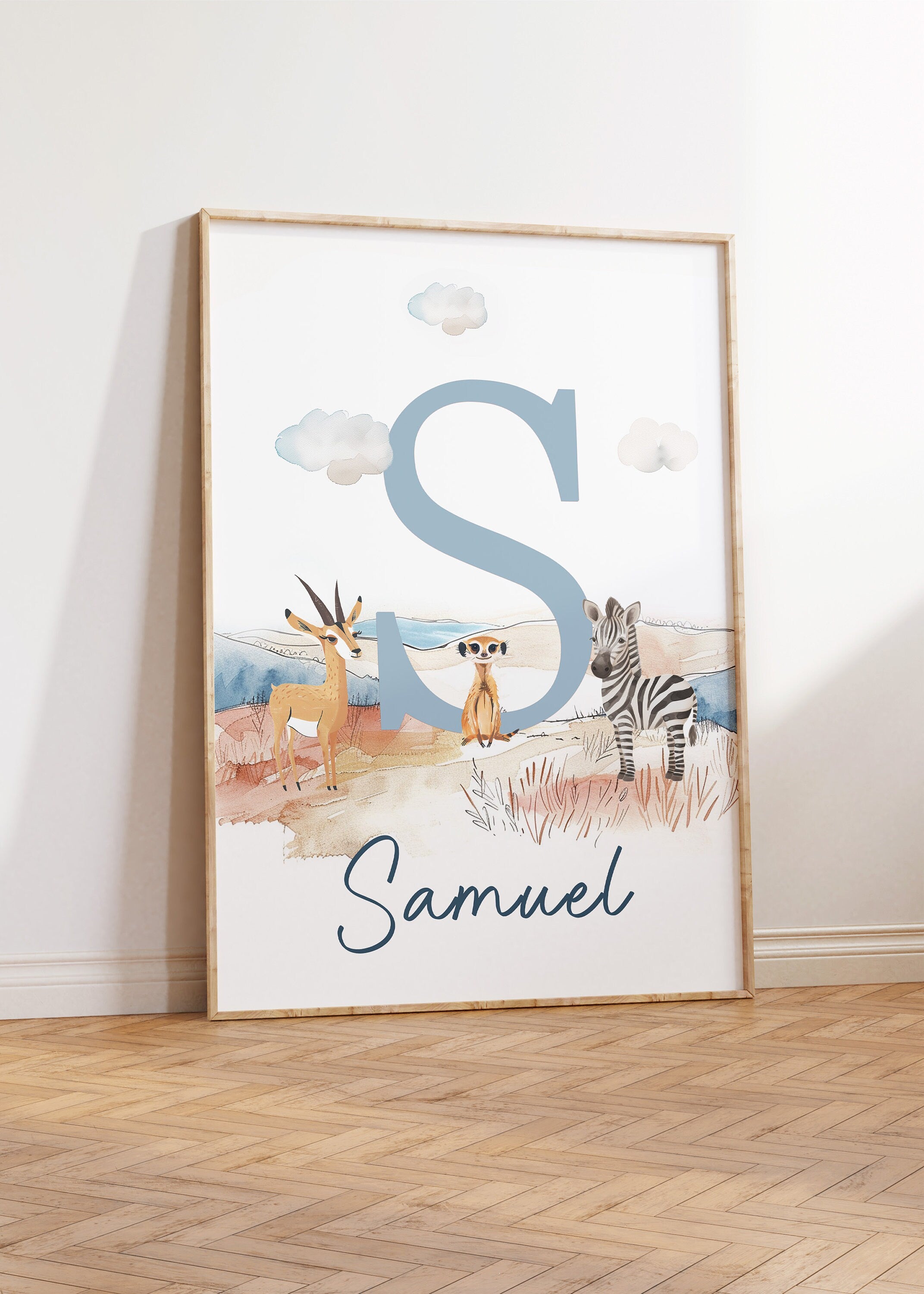 Personalised Set of 3 Safari Animal Prints for Nursery, Kids Bedroom or Playroom - Custom Initial for Baby's Room - Hot Air Balloon, Boat
