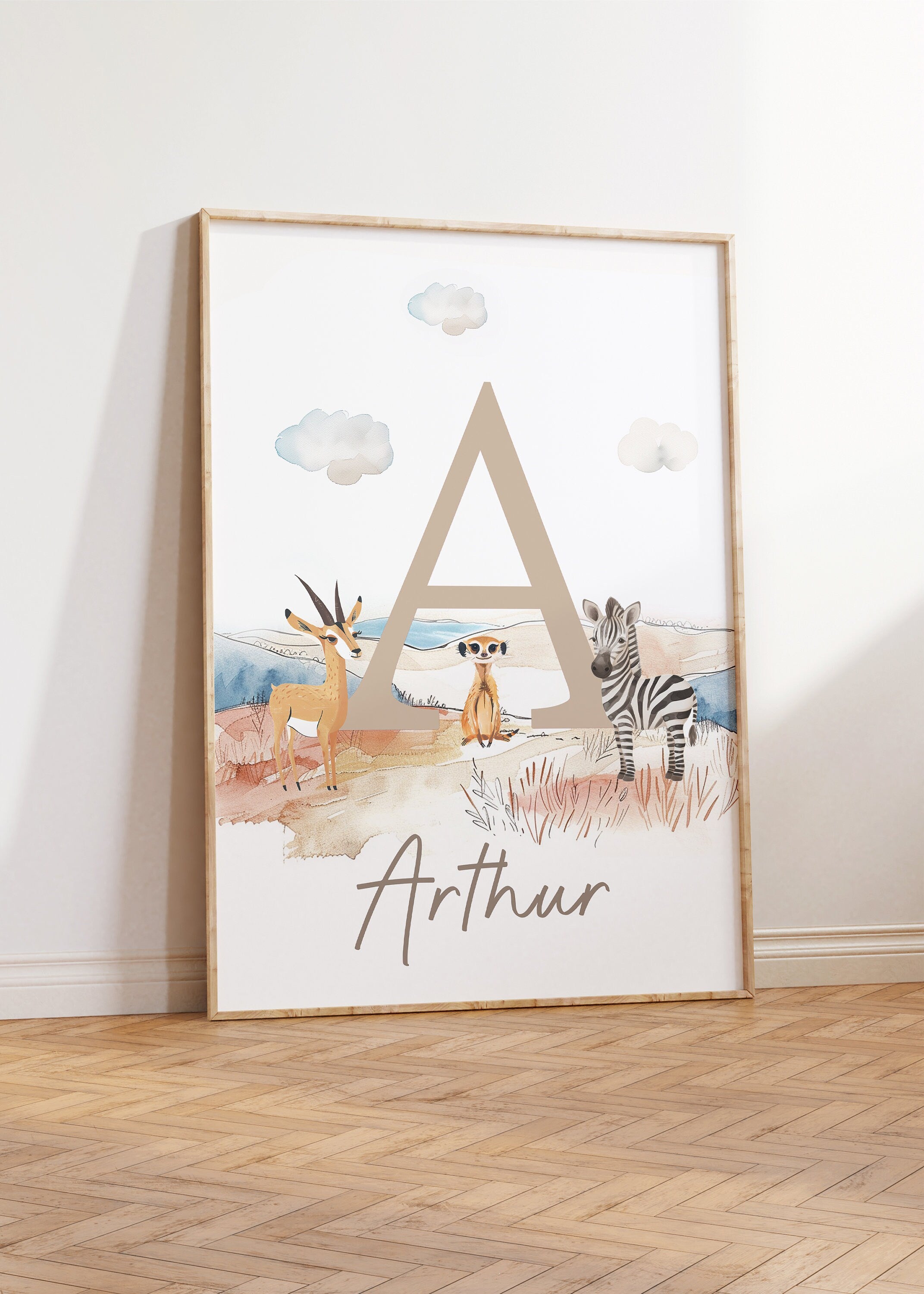 Personalised Set of 3 Safari Animal Prints for Nursery, Kids Bedroom or Playroom - Custom Initial for Baby's Room - Hot Air Balloon, Boat