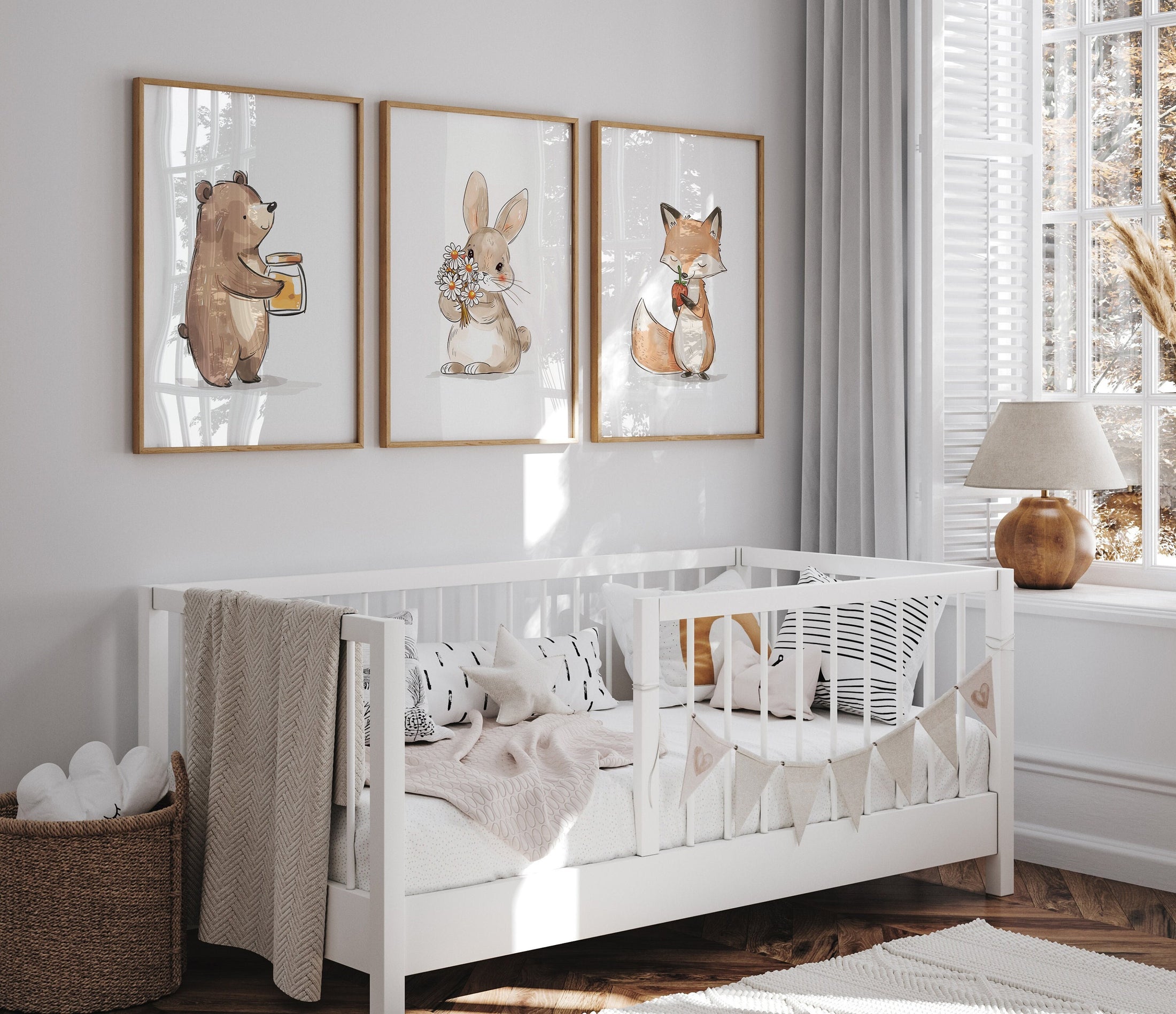 Fox, Bunny & Bear Nursery Prints, Neutral Theme Decor For Babies Bedroom, Girls or Boys Nursery Wall Art, Woodland Animal Playroom Pictures