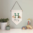 Load image into Gallery viewer, Personalised Woodland Animal Name Flag for Nursery Bedroom, Playroom - Kids Room Banner, Door Hanger, Linen Pennant, Wall Sign - Baby Gift
