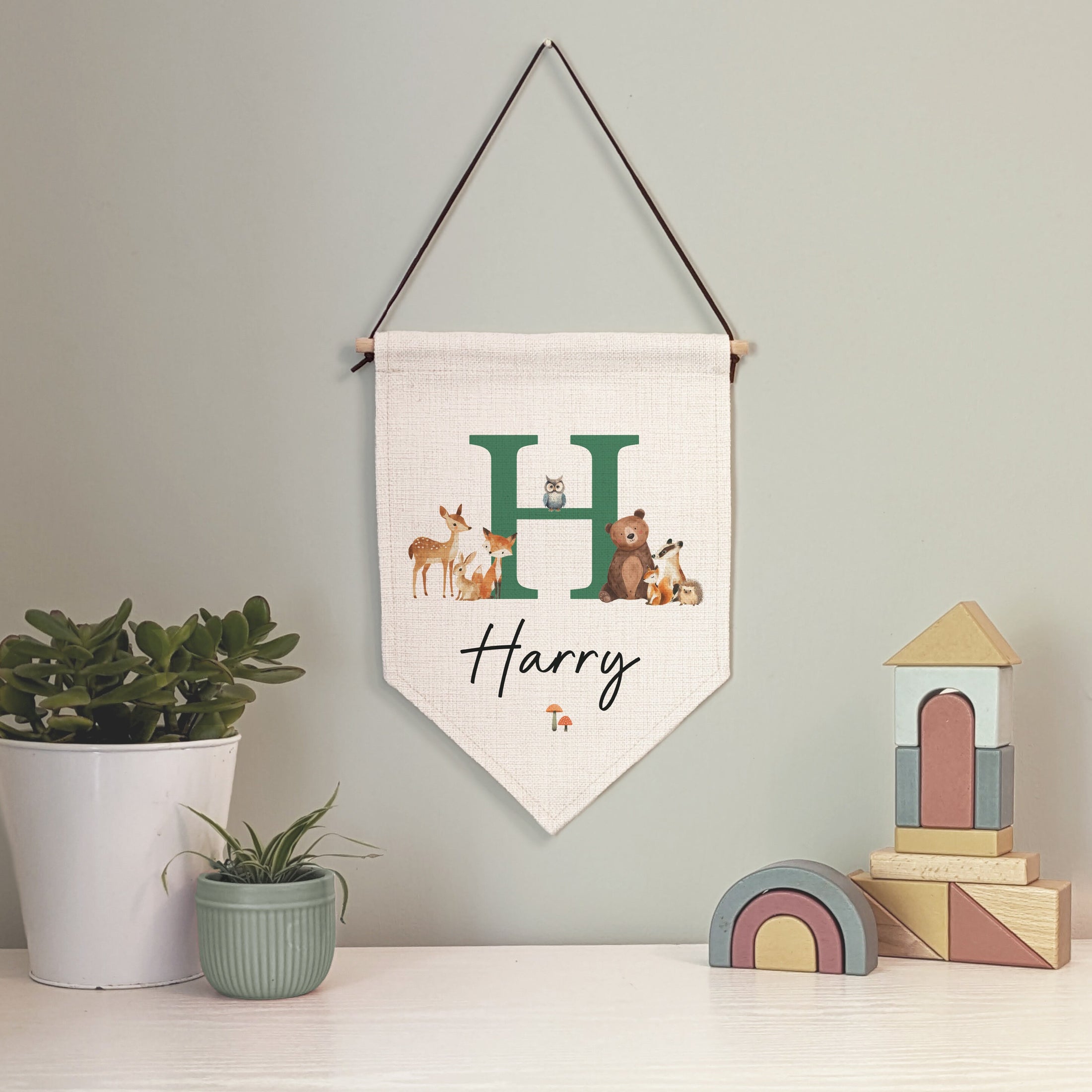 Personalised Woodland Animal Name Flag for Nursery Bedroom, Playroom - Kids Room Banner, Door Hanger, Linen Pennant, Wall Sign - Baby Gift