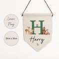 Load image into Gallery viewer, Personalised Woodland Animal Name Flag for Nursery Bedroom, Playroom - Kids Room Banner, Door Hanger, Linen Pennant, Wall Sign - Baby Gift
