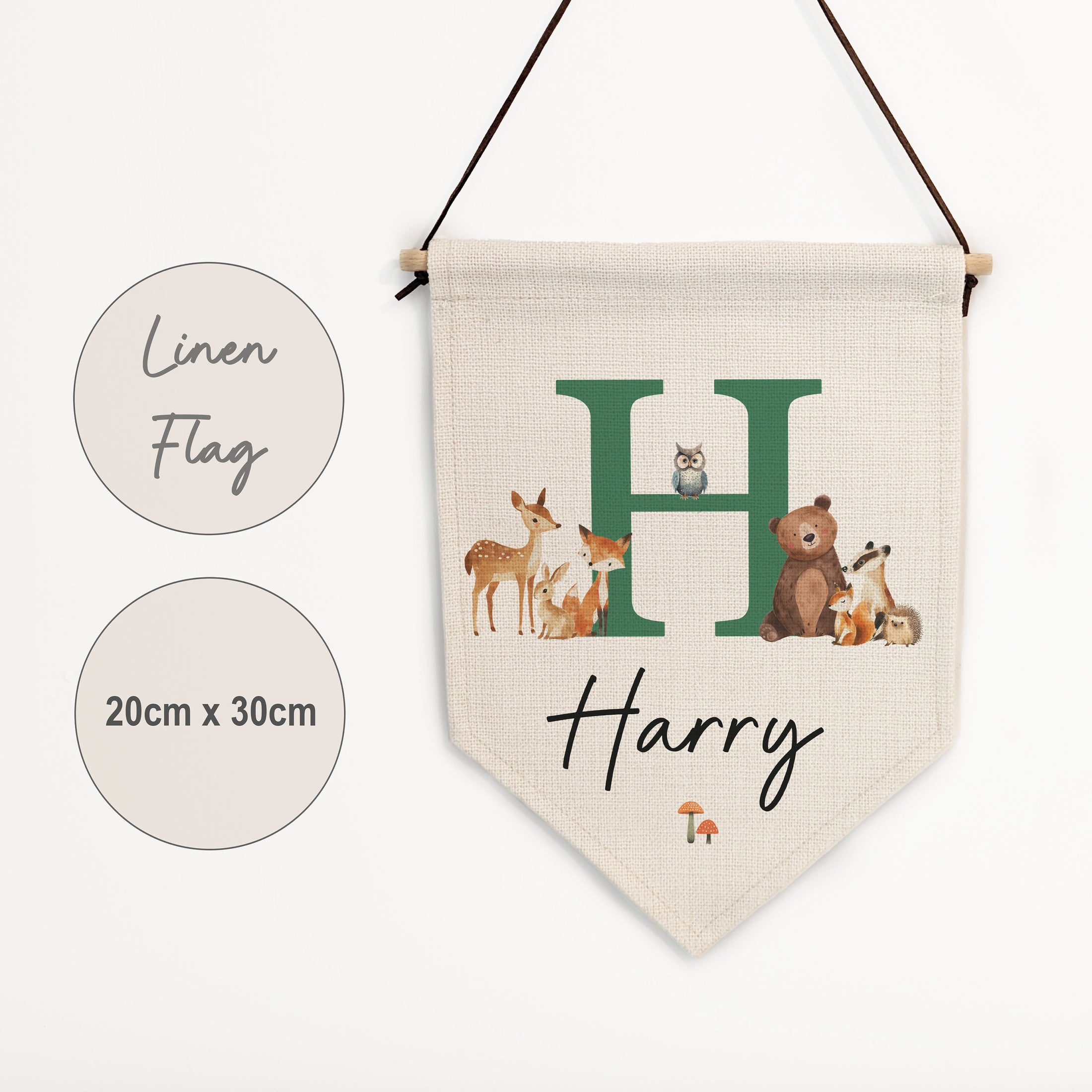 Personalised Woodland Animal Name Flag for Nursery Bedroom, Playroom - Kids Room Banner, Door Hanger, Linen Pennant, Wall Sign - Baby Gift