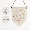 Load image into Gallery viewer, Personalised Wildflower Name Flag for Nursery Bedroom, Playroom - Boho Kids Room Banner, Door Hanger, Linen Pennant, Wall Sign - Baby Gift
