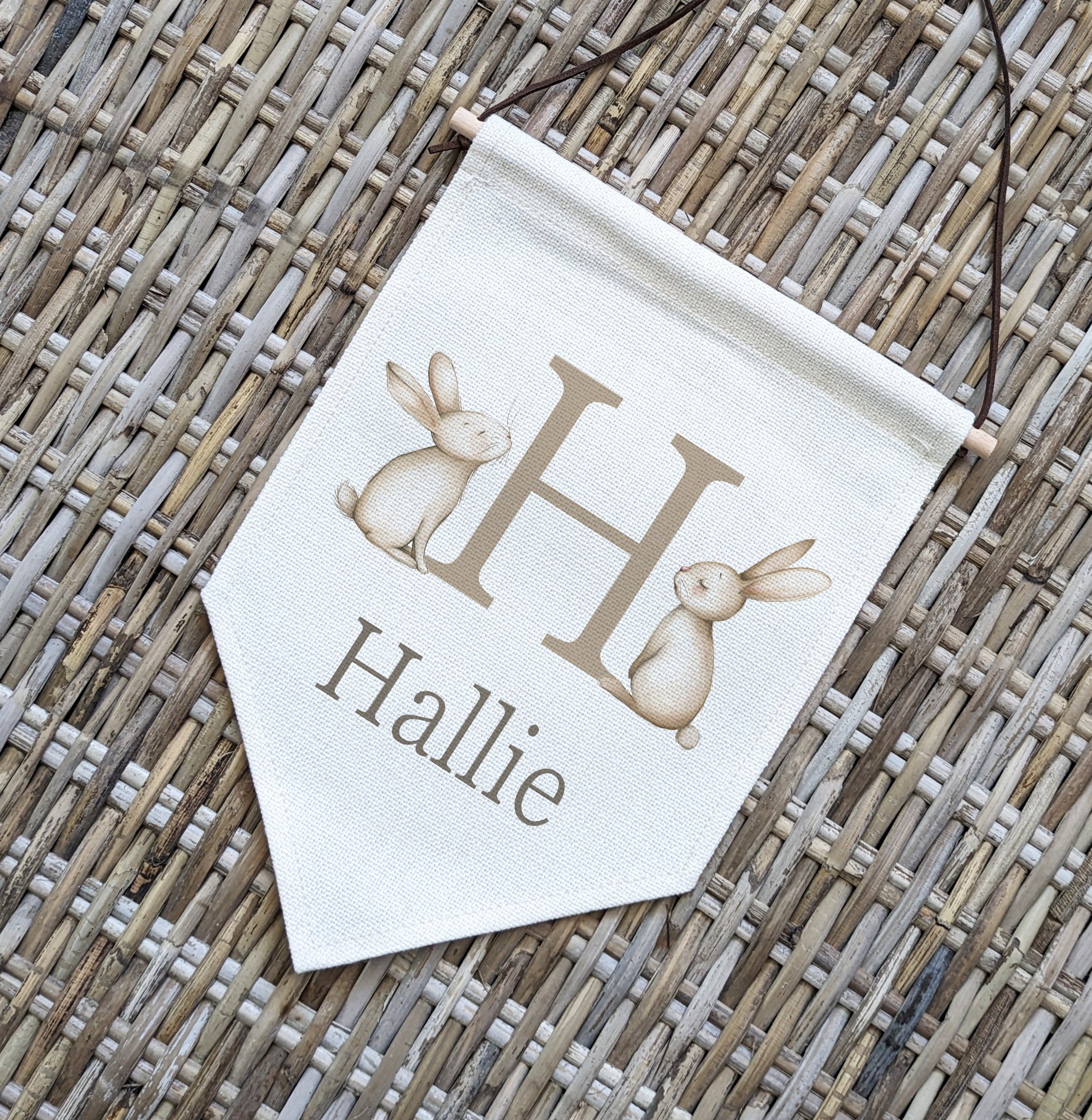 Personalised Bunny Name Flag for Nursery Bedroom, Playroom - Beige Kids Room Banner, Door Hanger, Linen Pennant, Wall Sign - Baby Gift