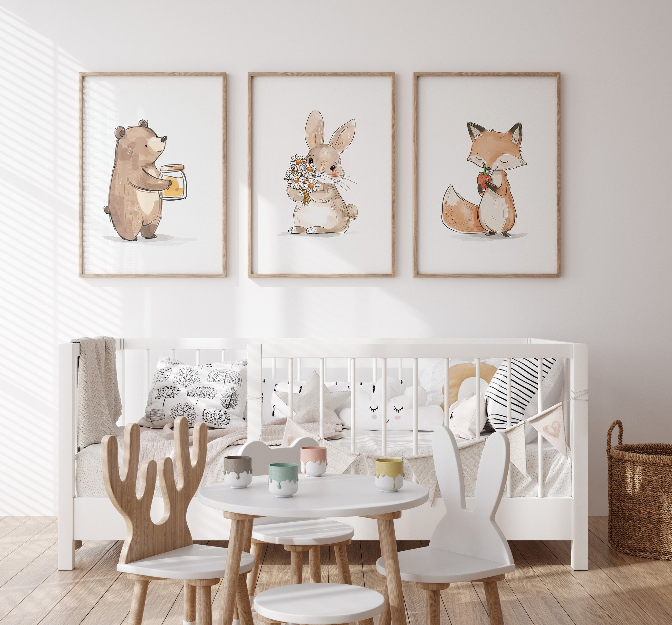 Fox, Bunny & Bear Nursery Prints, Neutral Theme Decor For Babies Bedroom, Girls or Boys Nursery Wall Art, Woodland Animal Playroom Pictures
