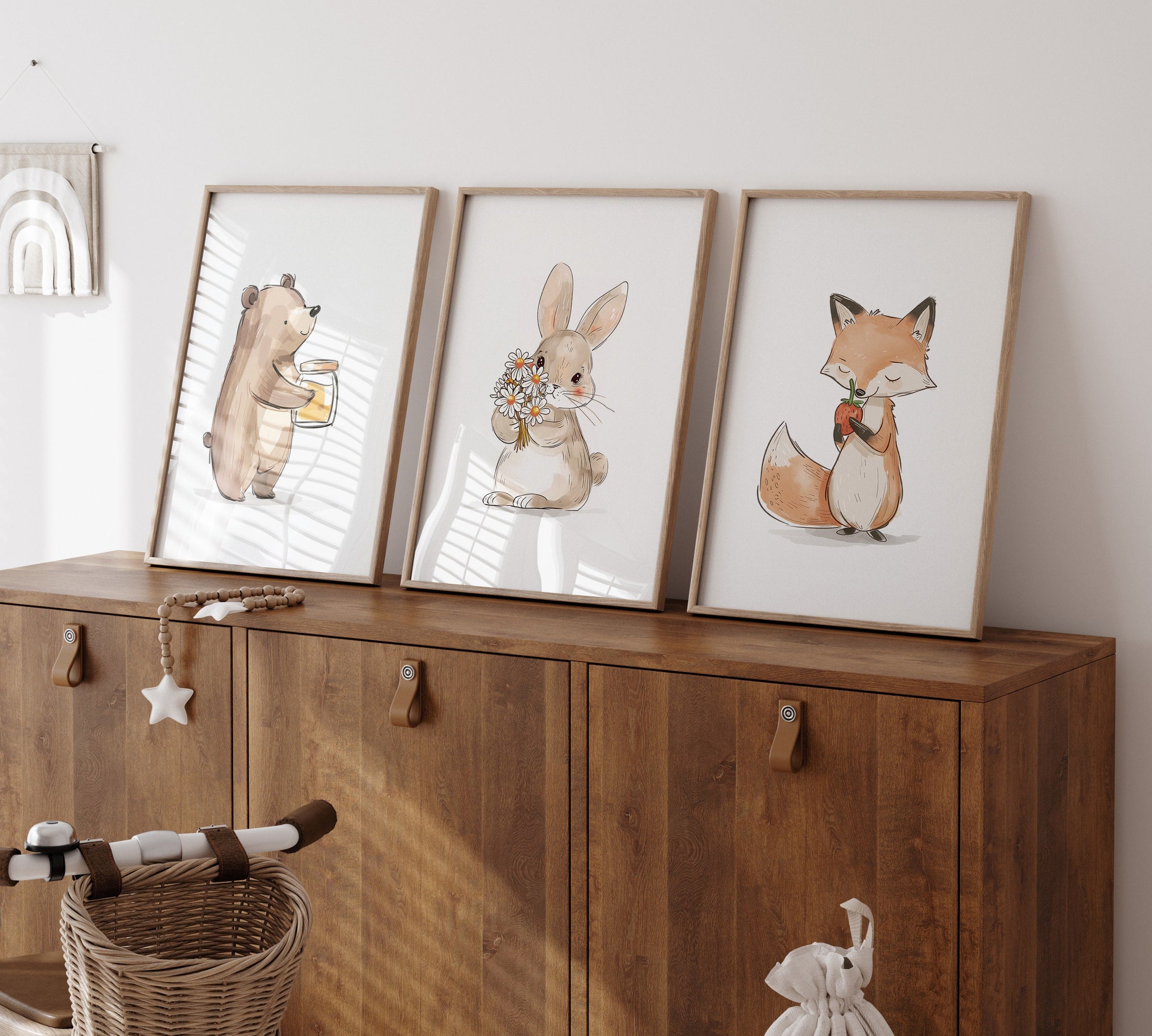 Fox, Bunny & Bear Nursery Prints, Neutral Theme Decor For Babies Bedroom, Girls or Boys Nursery Wall Art, Woodland Animal Playroom Pictures