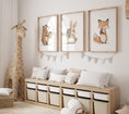 Load image into Gallery viewer, a bear holding a pot of honey, a rabbit holding daisies and a fox folding a strawberry on muted neutral tones
