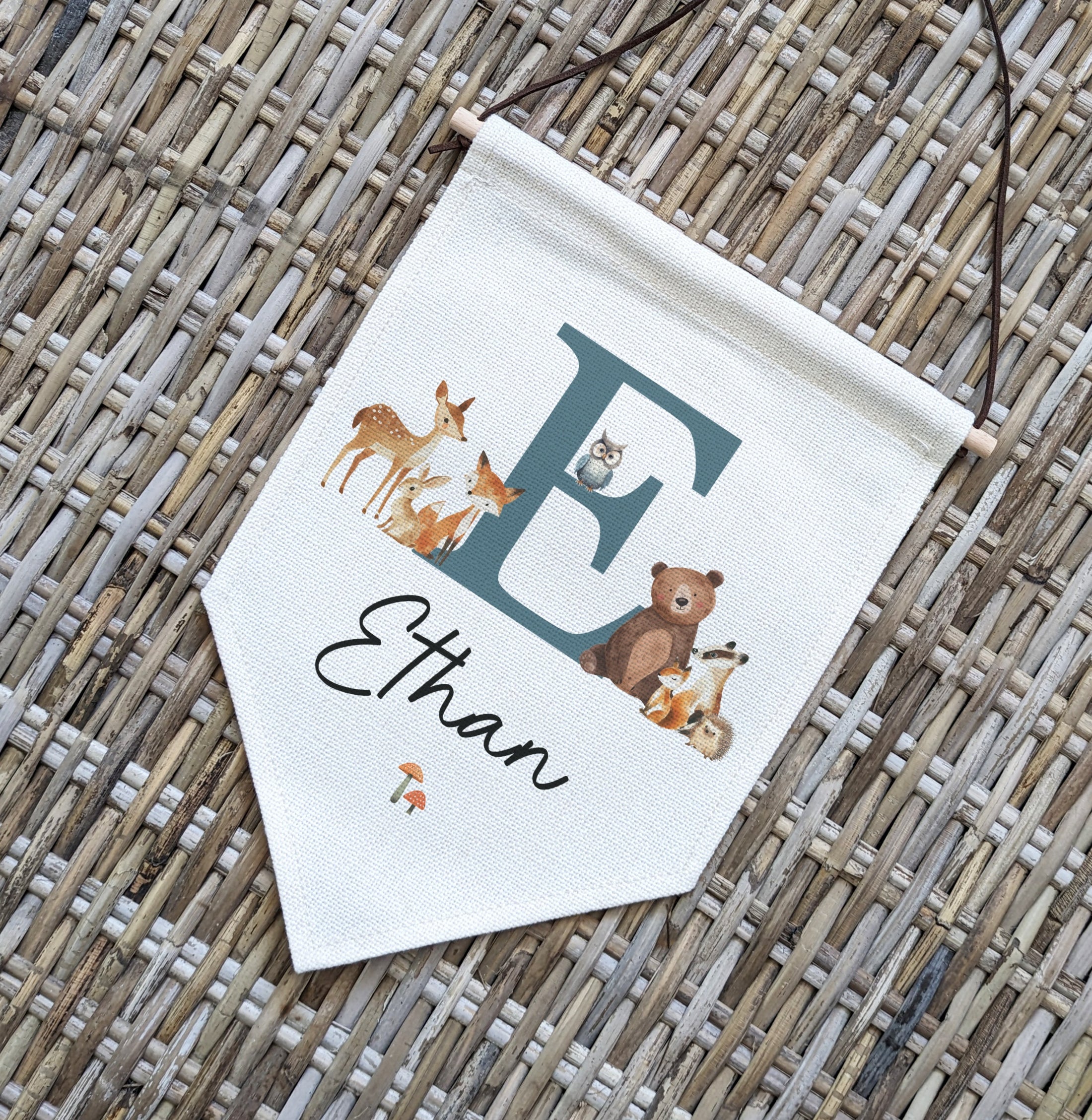 Personalised Woodland Animal Name Flag for Nursery Bedroom, Playroom - Kids Room Banner, Door Hanger, Linen Pennant, Wall Sign - Baby Gift