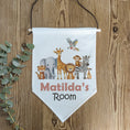 Load image into Gallery viewer, Personalised Safari Animal Name Flag for Nursery Bedroom, Playroom - Kids Room Banner, Door Hanger, Linen Pennant, Wall Sign - New Baby Gift
