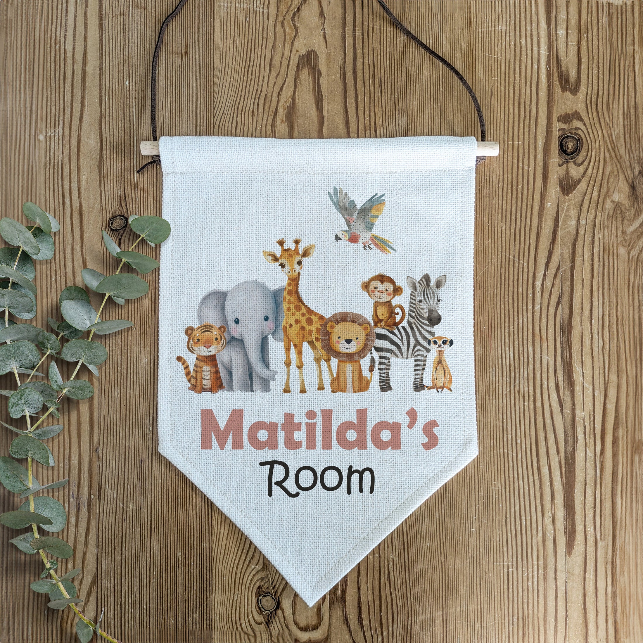Personalised Safari Animal Name Flag for Nursery Bedroom, Playroom - Kids Room Banner, Door Hanger, Linen Pennant, Wall Sign - New Baby Gift