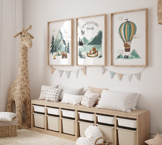 Adventure Awaits Nursery Wall Prints Set, Bear, Mountain, Camping and Balloon Prints for Babies / Childs Bedroom, Playroom Woodland Animals