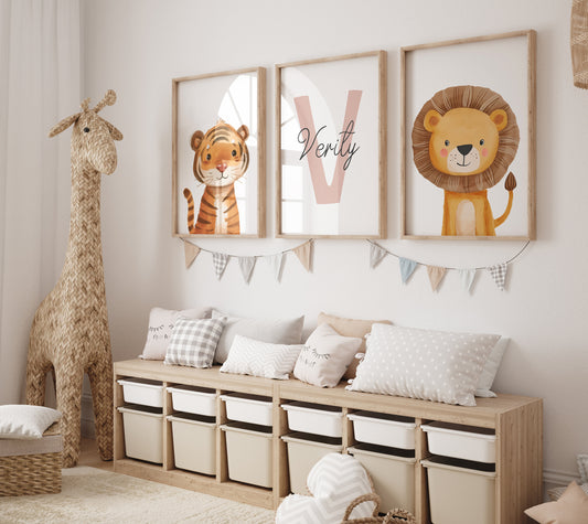 Personalised Safari Nursery Wall Prints, Set of 3 Custom Initial , Boys Bedroom Decor, Girls Room Animal Pictures, Jungle Playroom Posters