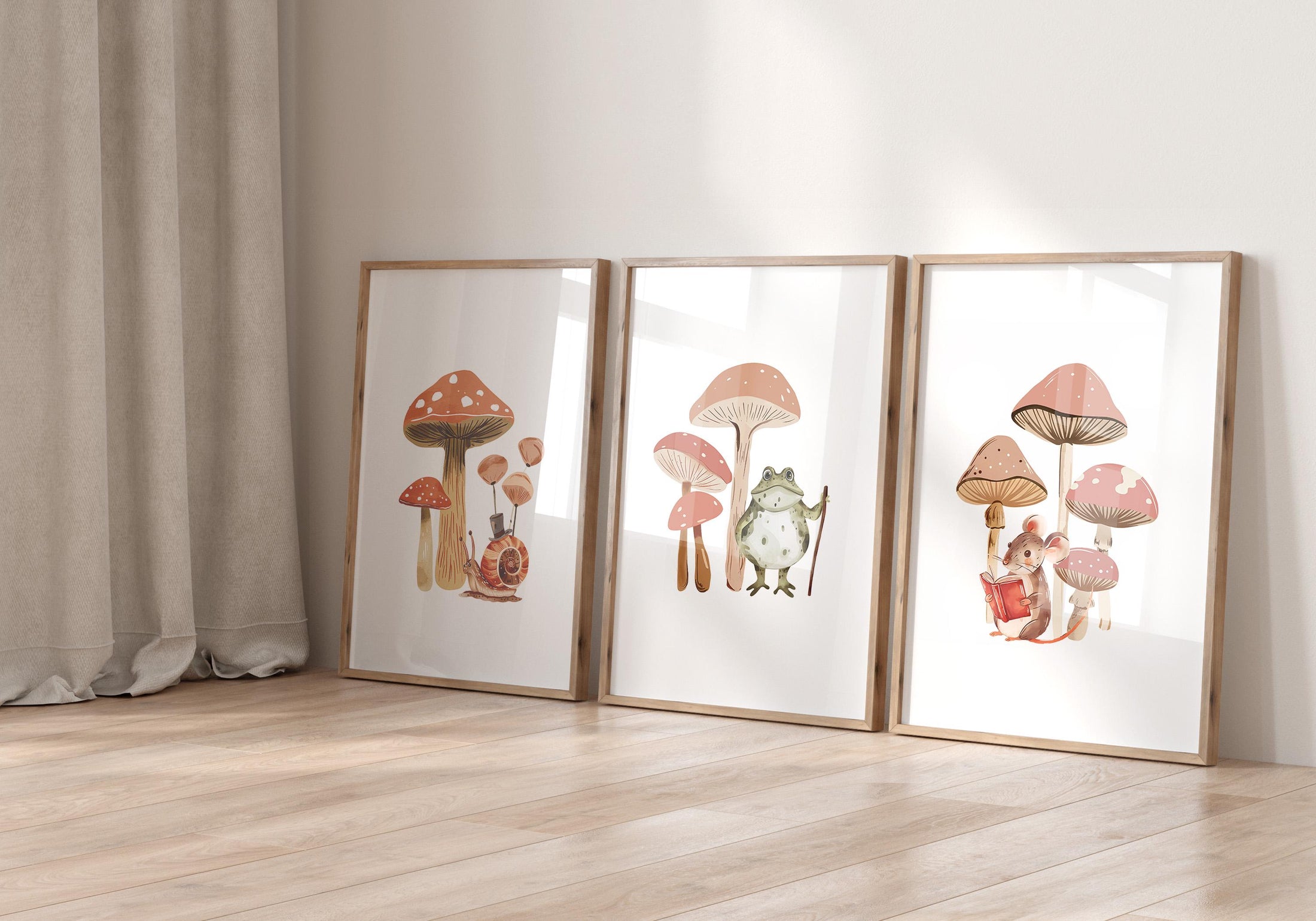 Set of 3 Mushroom Nursery Prints, Neutral Boho Kids Bedroom Decor, Unisex Forest Playroom Posters, Whimsical Wall Art Pictures