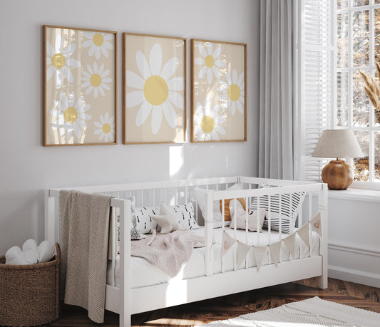 Set of 3 Daisy Wall Art Prints, Floral Decor for Girls Bedroom, Nursery, Playroom, Beige Nursery Decor, White Scandi Flowers, Boho Baby Gift