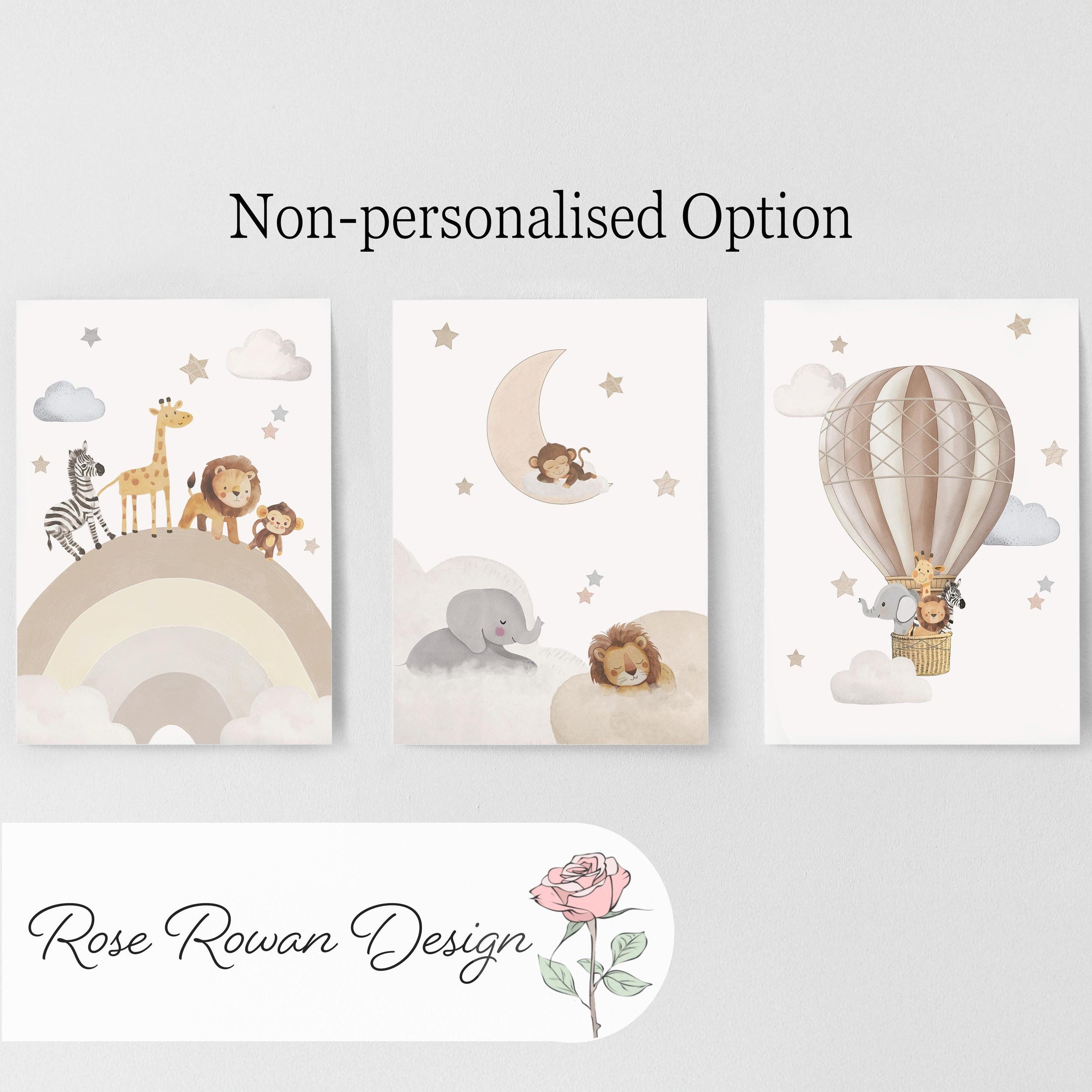 Rainbow Animal Nursery Wall Prints, Set of 3 Hot Air Balloon, Safari Animal Kids Room Posters, Framed or Unframed