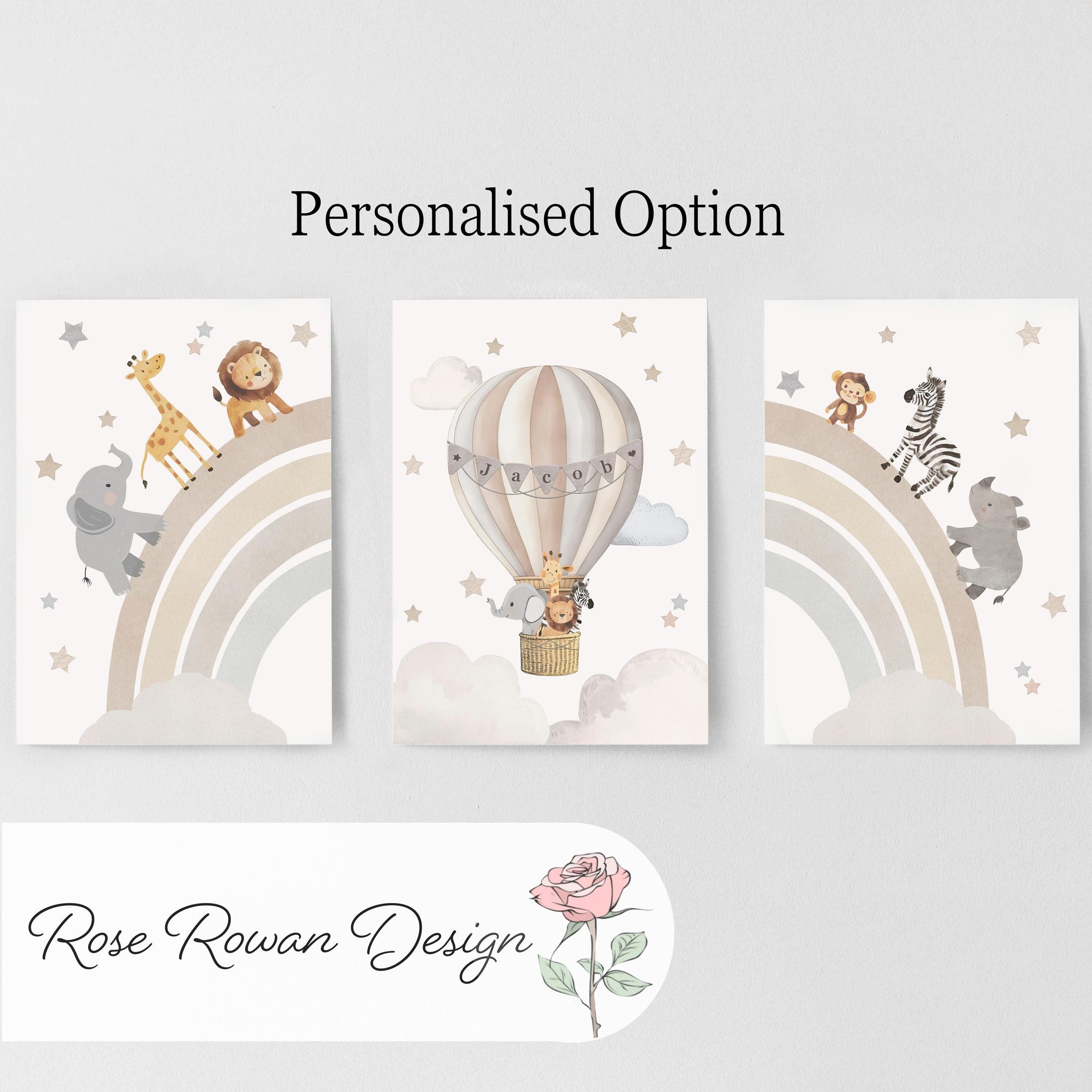 Rainbow Safari Animal Nursery Wall Prints, Set of 3 Blue, Green, Beige, or Pink Personalised Hot Air Balloon, Framed or Unframed