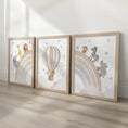 Load image into Gallery viewer, Rainbow Safari Animal Nursery Wall Prints, Set of 3 Blue, Green, Beige, or Pink Personalised Hot Air Balloon, Framed or Unframed
