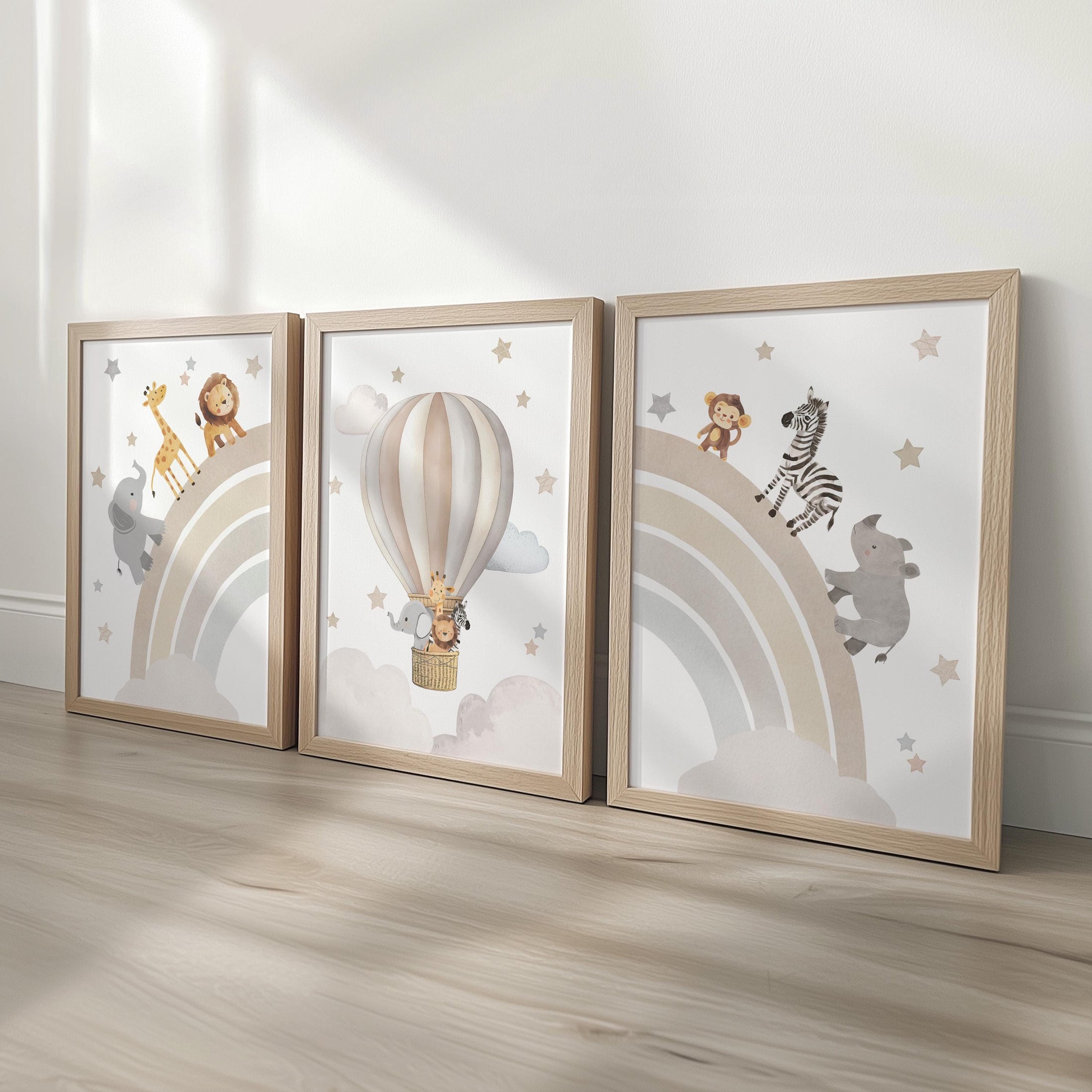 Rainbow Safari Animal Nursery Wall Prints, Set of 3 Blue, Green, Beige, or Pink Personalised Hot Air Balloon, Framed or Unframed