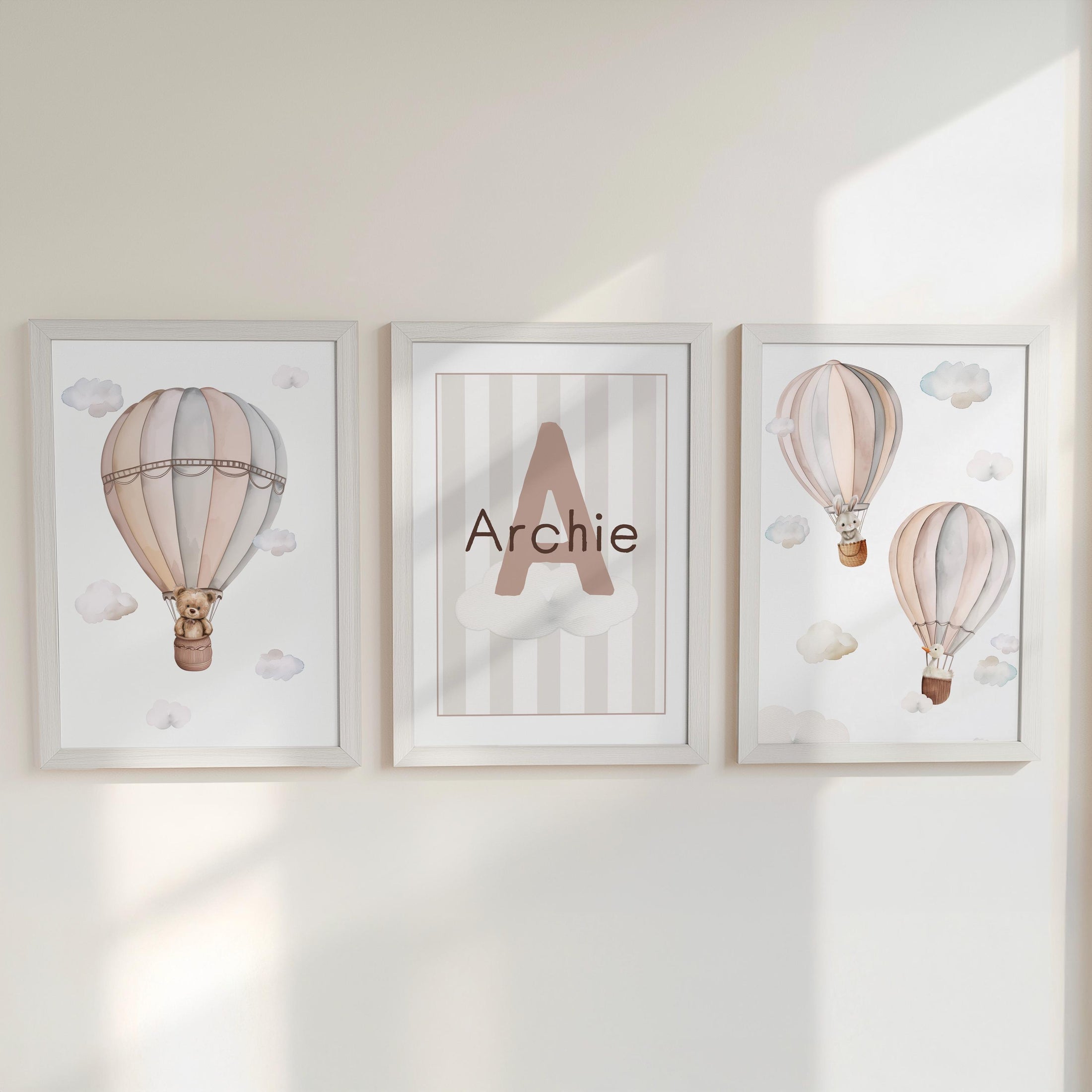 Hot Air Balloon Personalised Set of 3 Prints for Nursery, Striped Wall Art for Baby Bedroom, Beige Decor Gift,Framed Prints Animal Kids Room