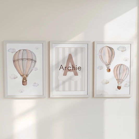 Hot Air Balloon Personalised Set of 3 Prints for Nursery, Striped Wall Art for Baby Bedroom, Beige Decor Gift,Framed Prints Animal Kids Room