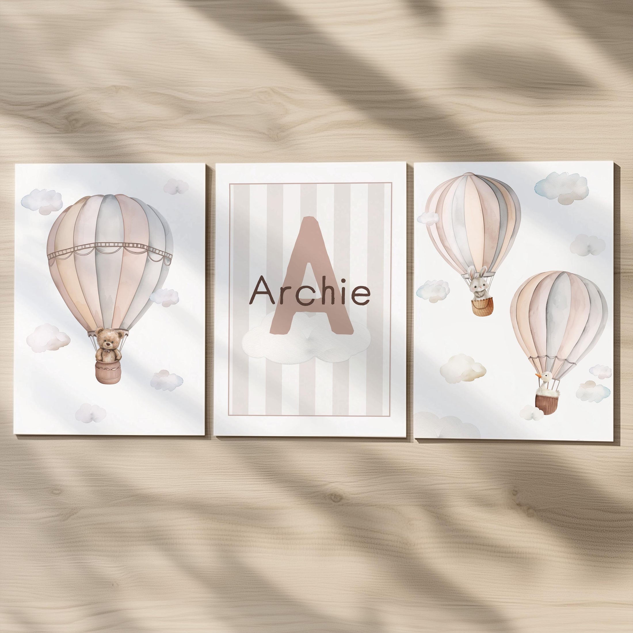 Hot Air Balloon Personalised Set of 3 Prints for Nursery, Striped Wall Art for Baby Bedroom, Beige Decor Gift,Framed Prints Animal Kids Room