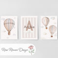 Load image into Gallery viewer, Hot Air Balloon Personalised Set of 3 Prints for Nursery, Striped Wall Art for Baby Bedroom, Beige Decor Gift,Framed Prints Animal Kids Room
