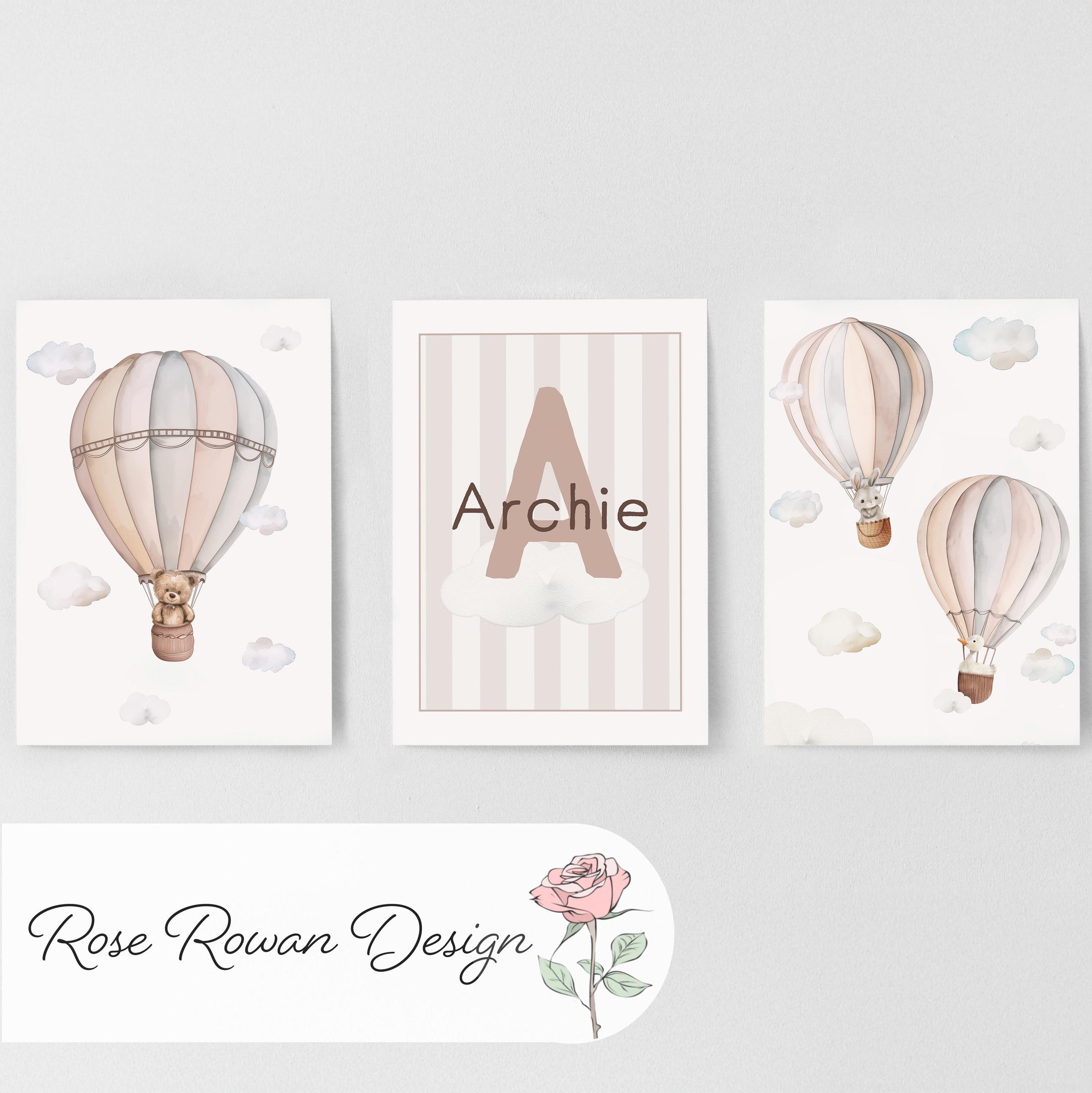 Hot Air Balloon Personalised Set of 3 Prints for Nursery, Striped Wall Art for Baby Bedroom, Beige Decor Gift,Framed Prints Animal Kids Room