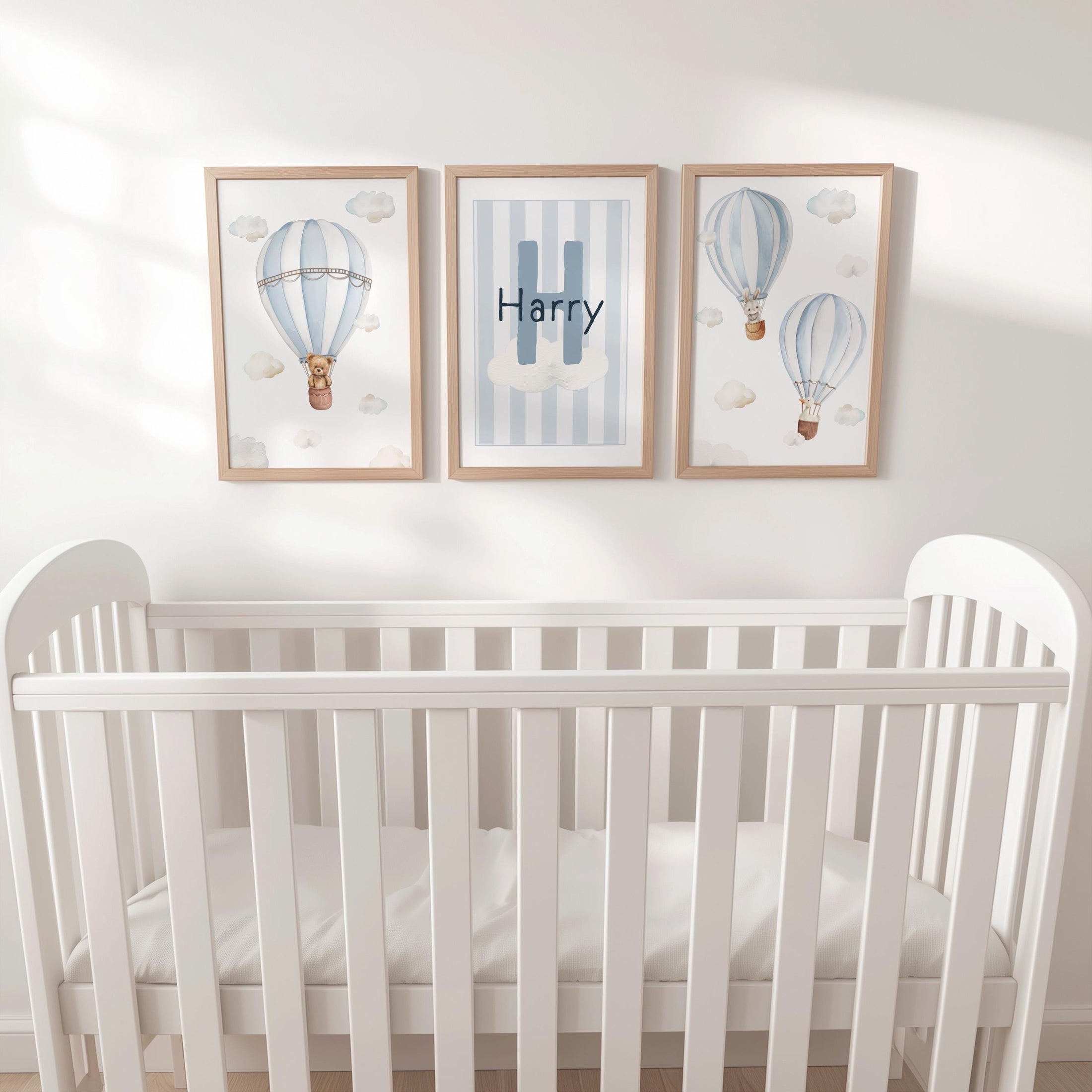Hot Air Balloon Personalised Set of 3 Prints for Nursery, Striped Wall Art for Baby Bedroom, Cloud Decor Gift,Framed Prints Animal Kids Room
